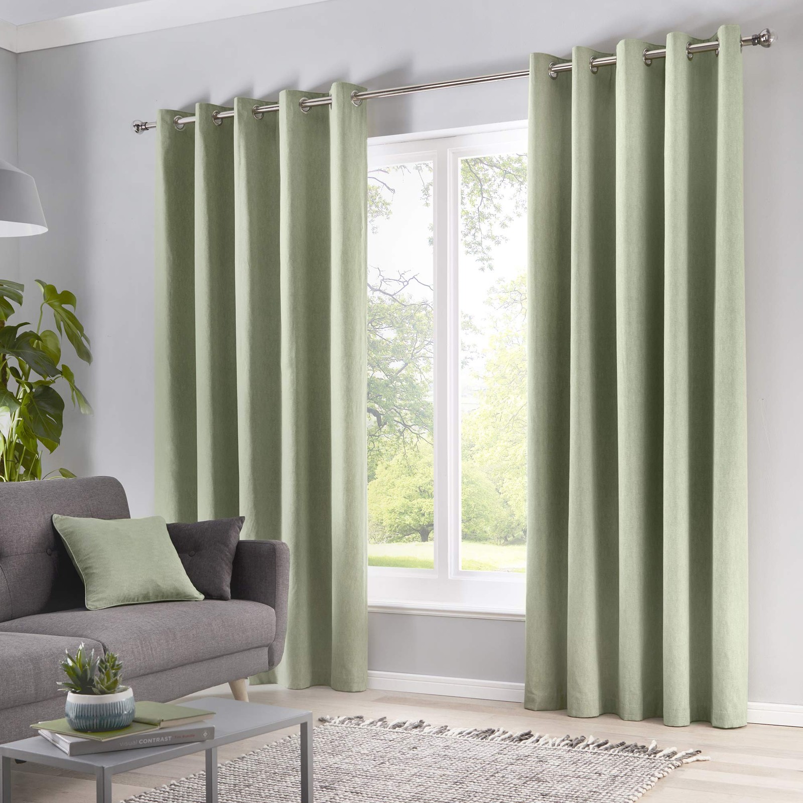 Sorbonne Eyelet Curtains, 100% Cotton, Lined, 117 x 137 cm, Green