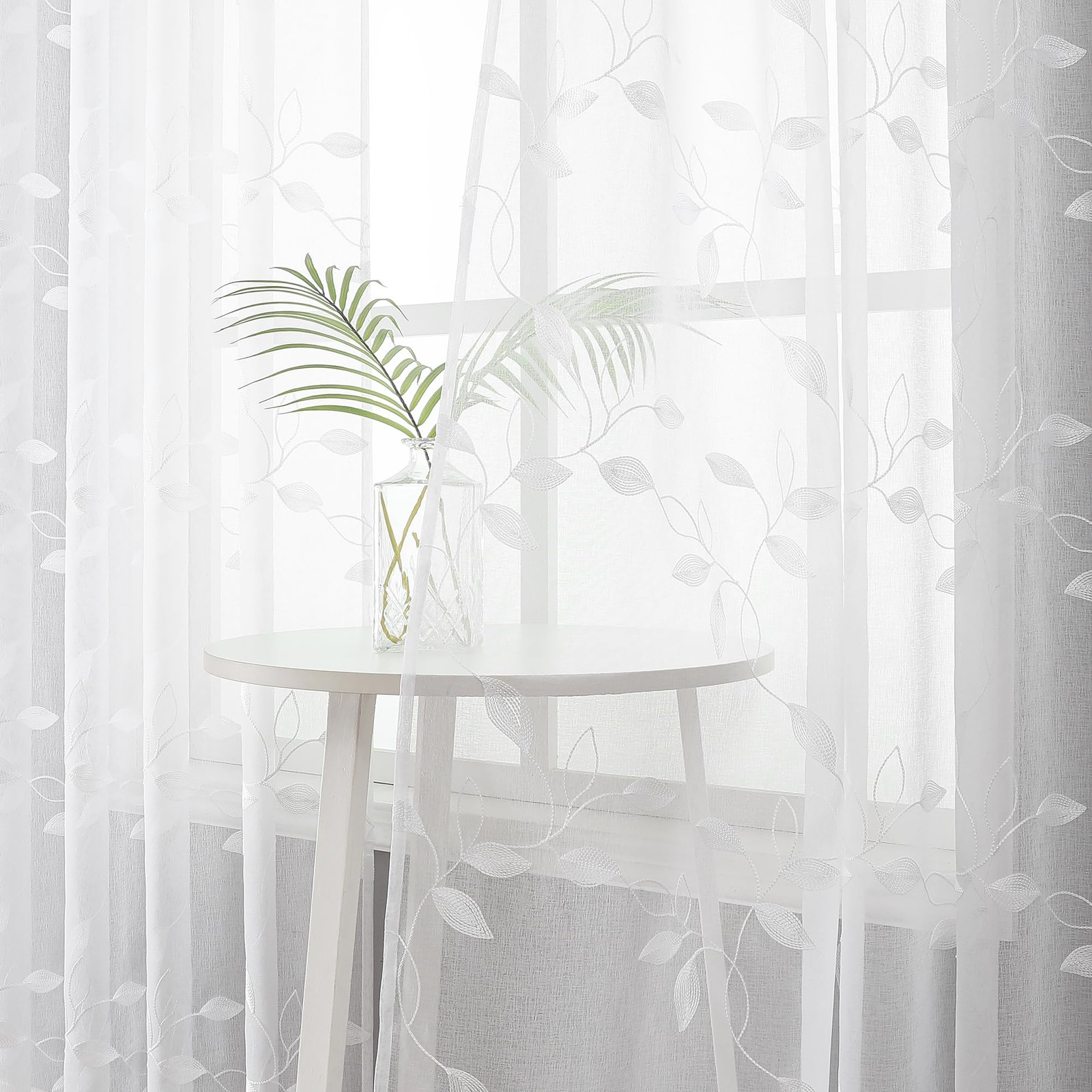 Voile Curtains, Embroidered Leaves, Rod Pocket, 38×63 Inches, 2 Panels, White