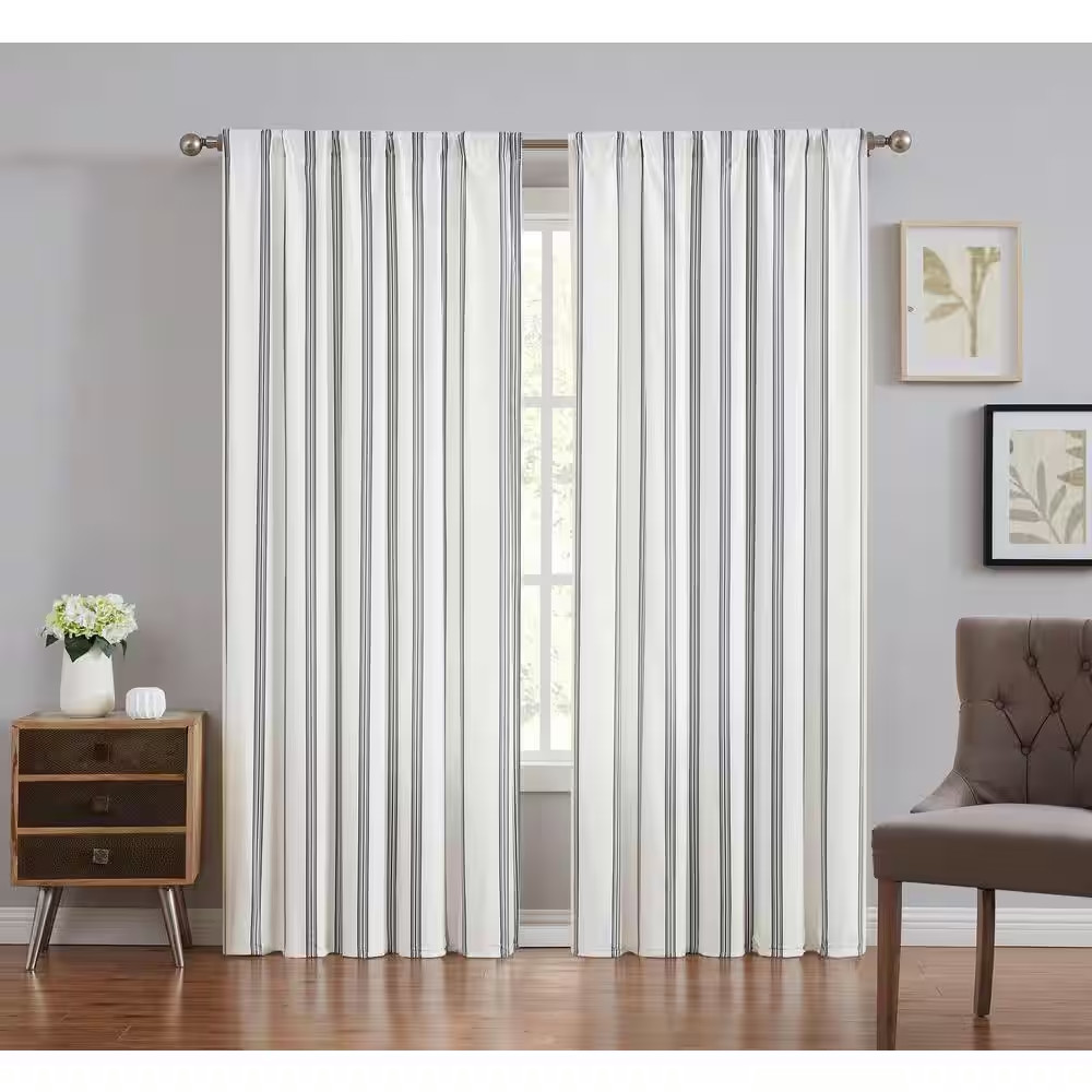 Ivory and Black Striped Rod Pocket Room Darkening Curtain – 50 In. W X 84 In. L