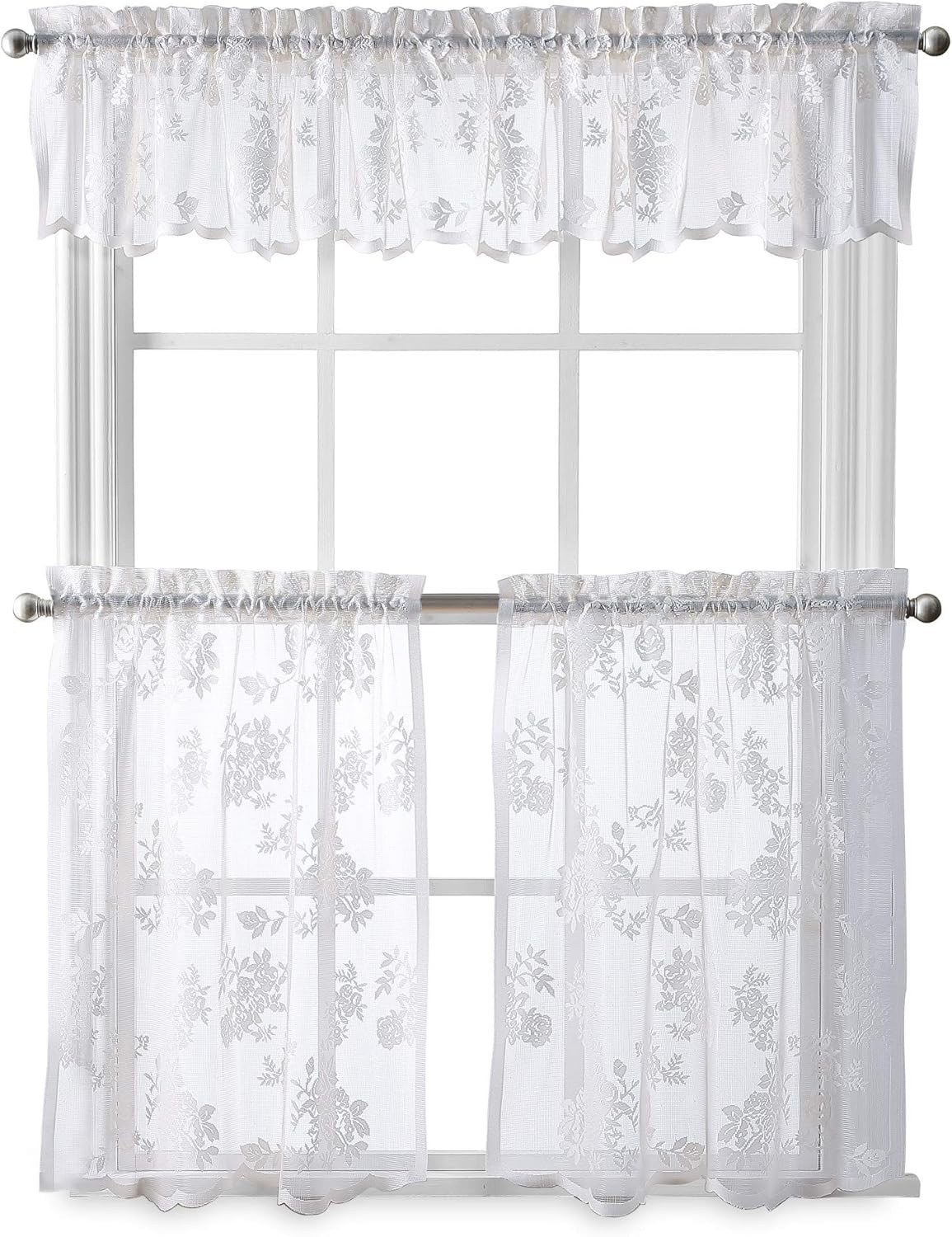 Sibella Lace Kitchen Curtain Window, Rod Pocket, 14 in Valance, White