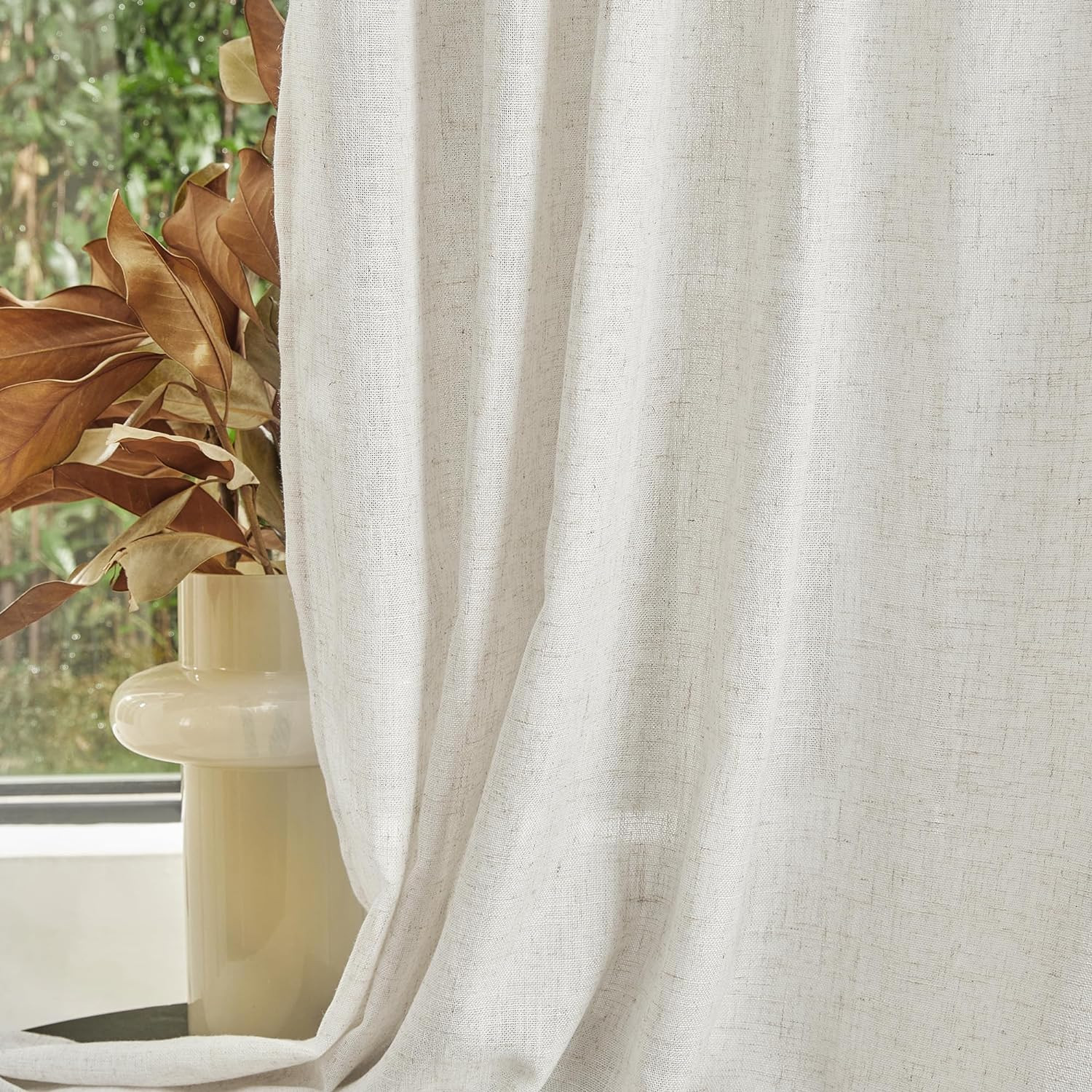 MYSKY HOME Linen Curtains for Living Room, Natural Semi Sheer Curtains & Drapes