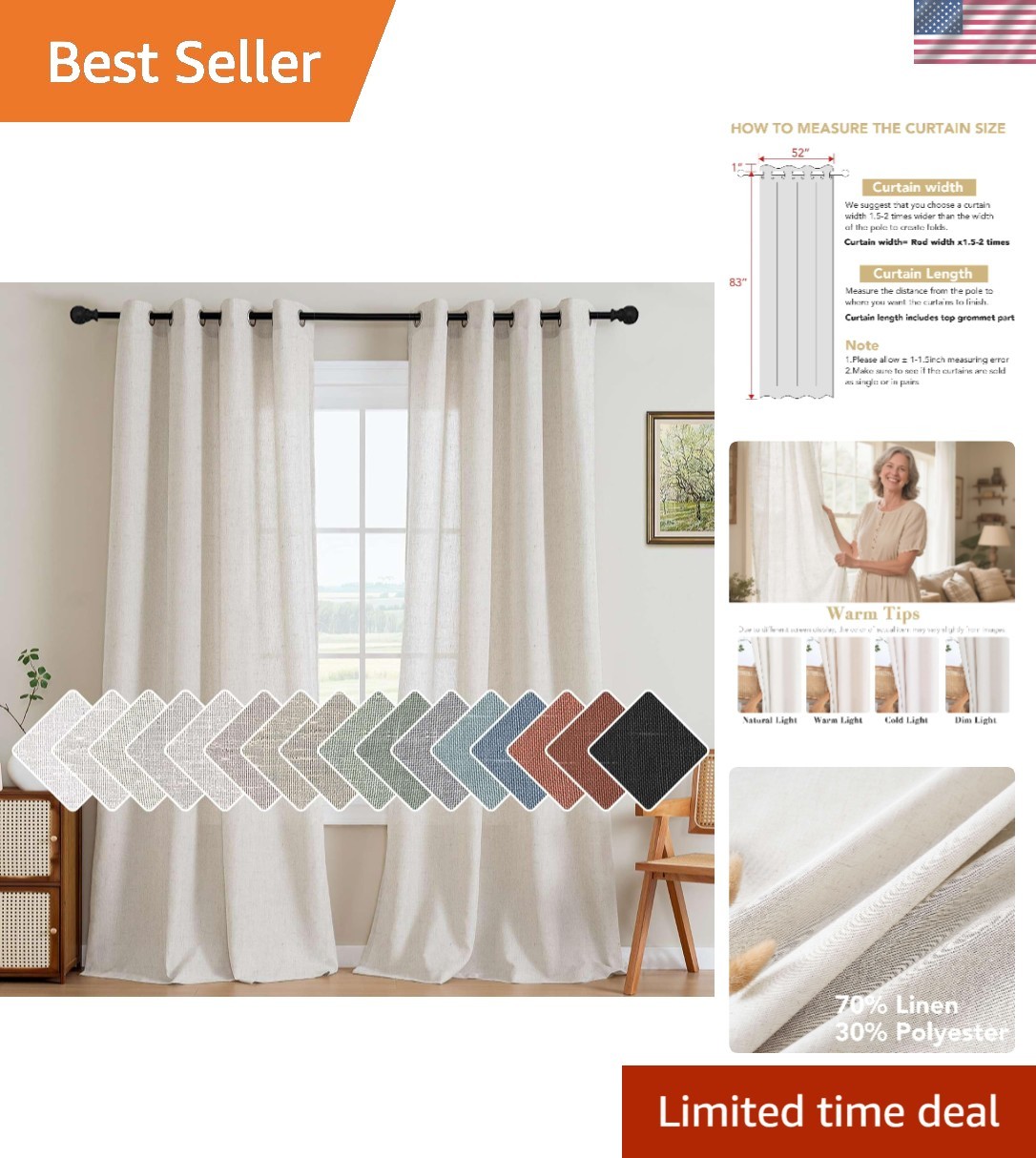 Sheer 84 Inch Linen Grommet Curtains, Farmhouse Style – Light Filtering Panels