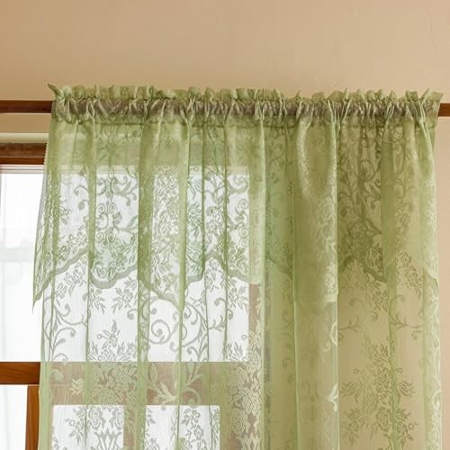 Sage Lace Sheer Curtains with Valance 84 Inches 60″W x 84″L (Pack of 2) Green