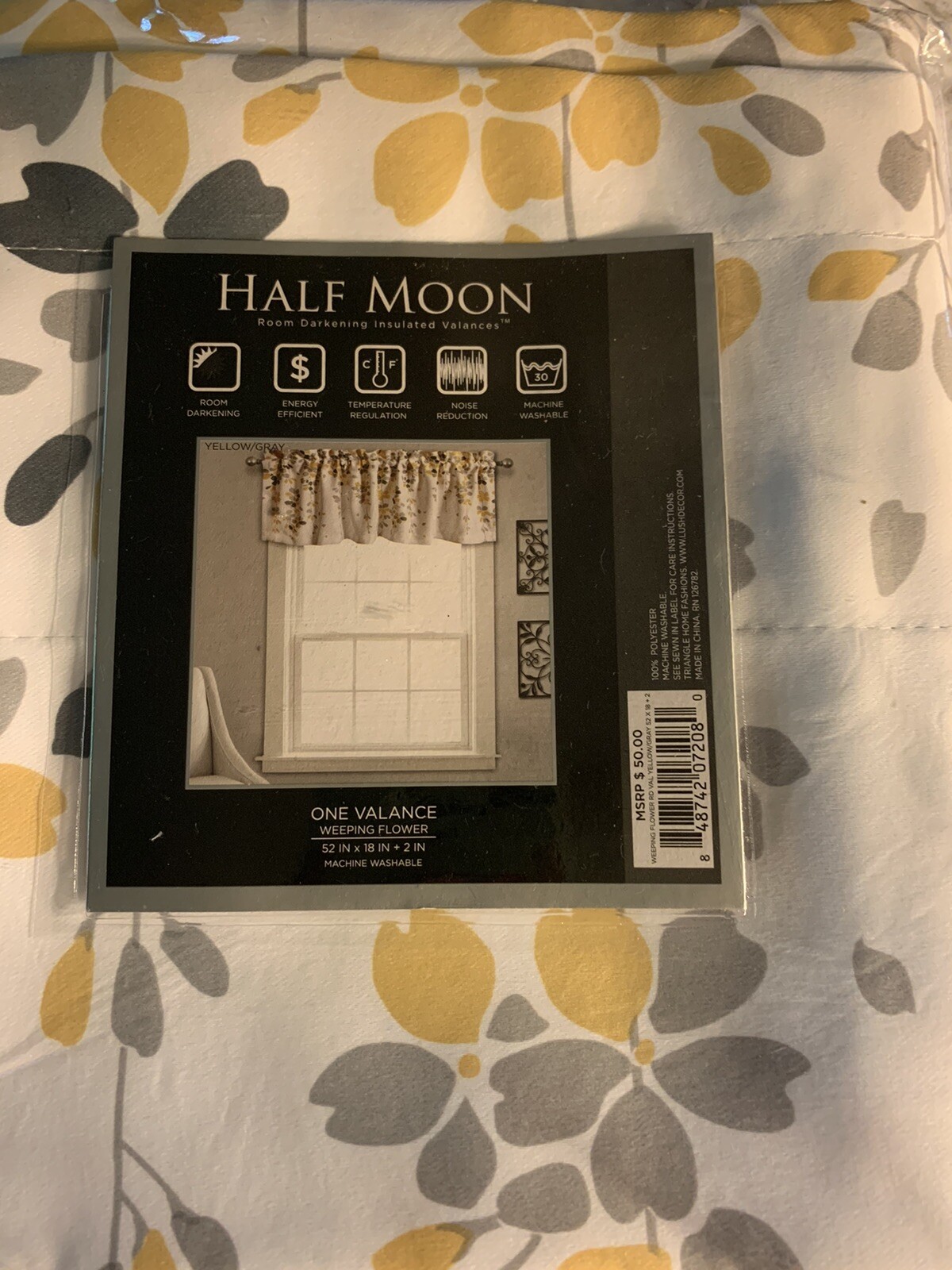 Half Moon Gray Yellow Weeping Flower Window Valance Curtain 52 x 18” New