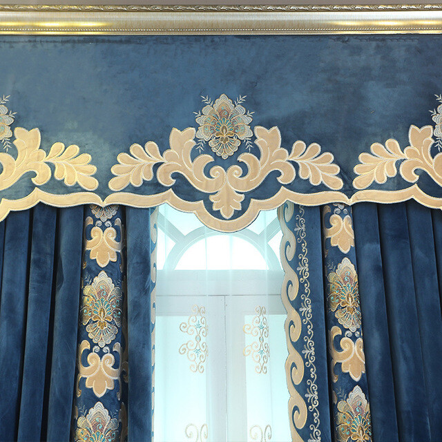 Custom Italian flannelette embroidered blue velvet cloth curtain valance C1692