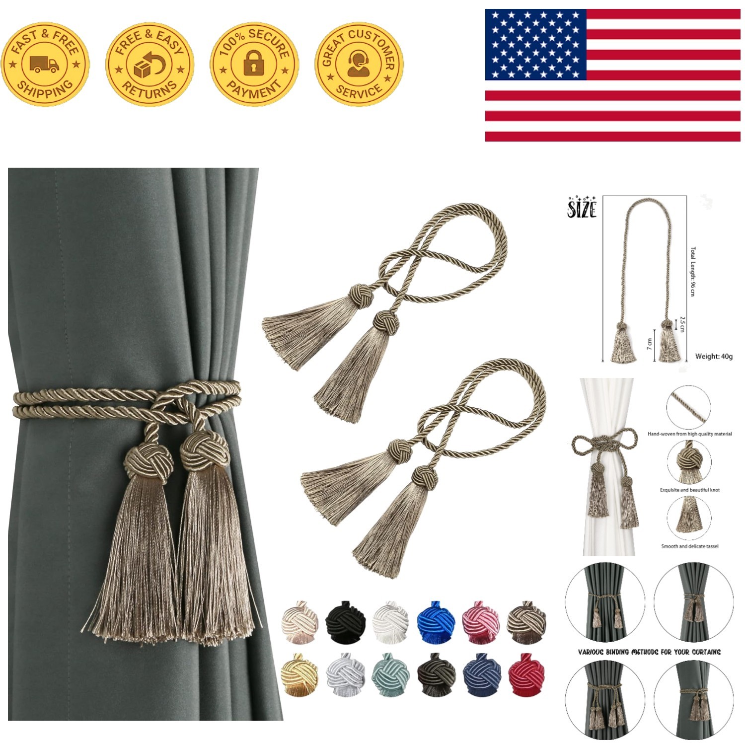 Elegant 2 Pack Handmade Curtain Tiebacks with Adjustable Tassel in Flaxen