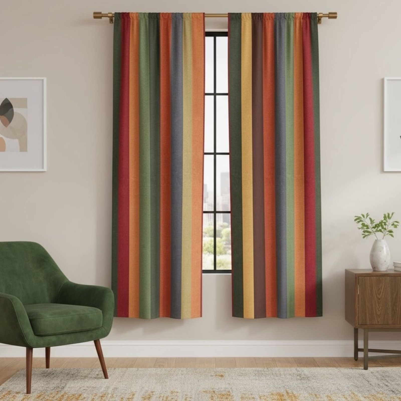 Folk N Funky Autumn Stripe Curtain Pair 2 Panels 20×62″ Mod Vertical Stripe NWOT