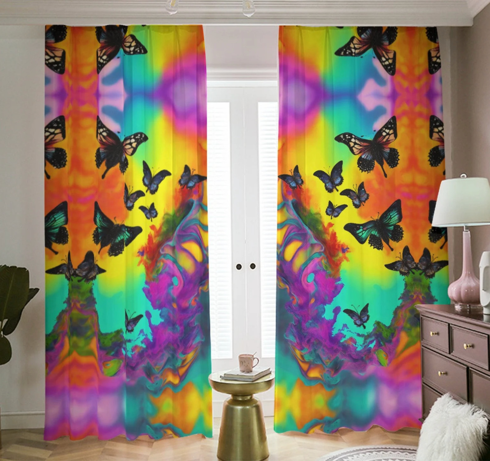 Butterflies Tie Dye Blackout Curtains, Room Darkening Drapes Rainbow Shades Gift