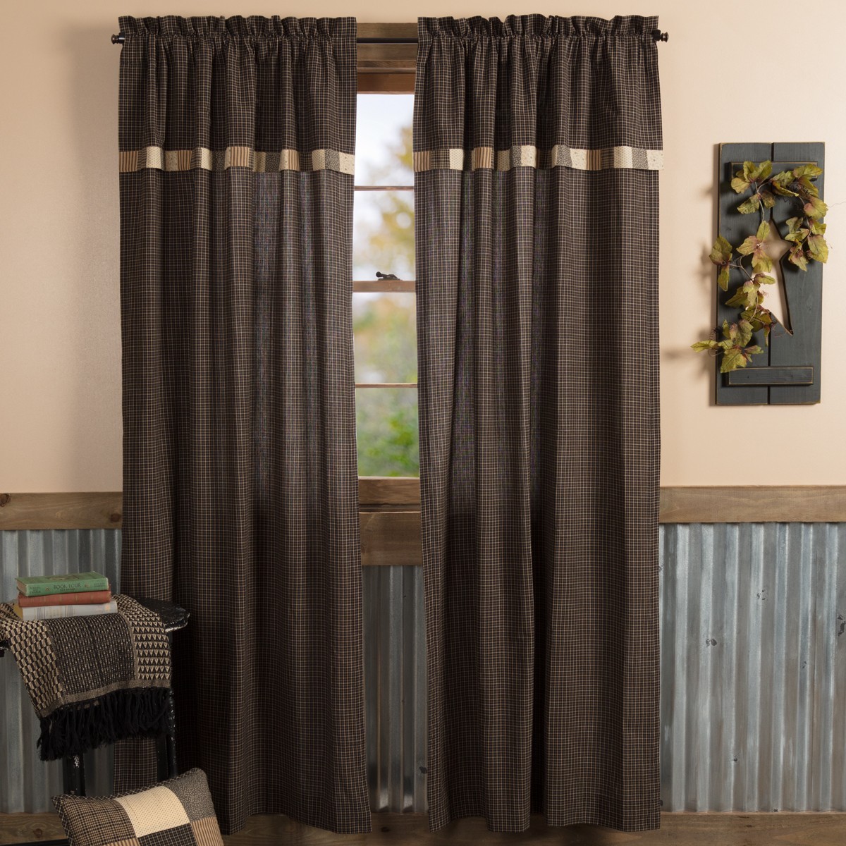 Kettle Grove Panel with Attached Valance Block Border 84″ Charcoal Grey Black