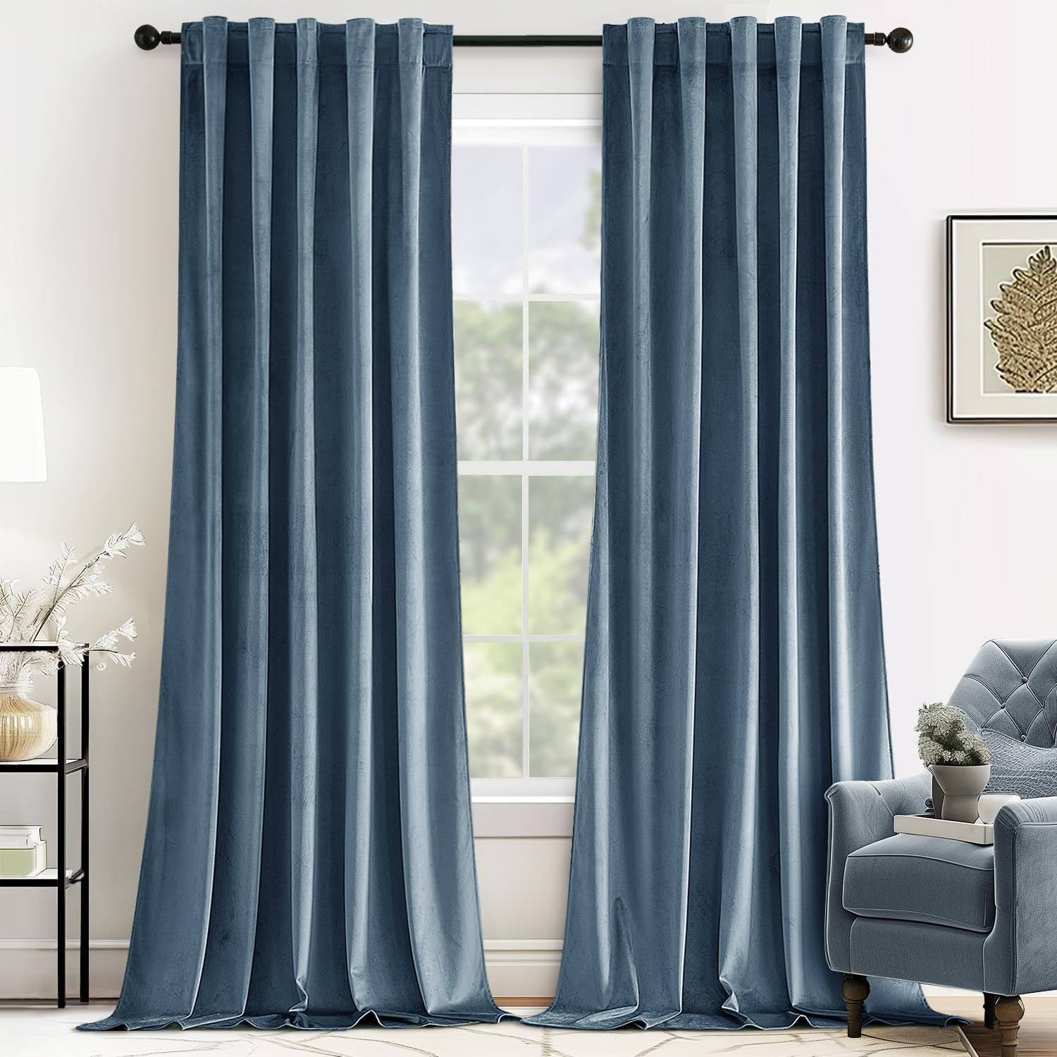 Luxury Velvet Blackout Curtains 108″ – Thermal Insulated Stone Blue, 2 Panels