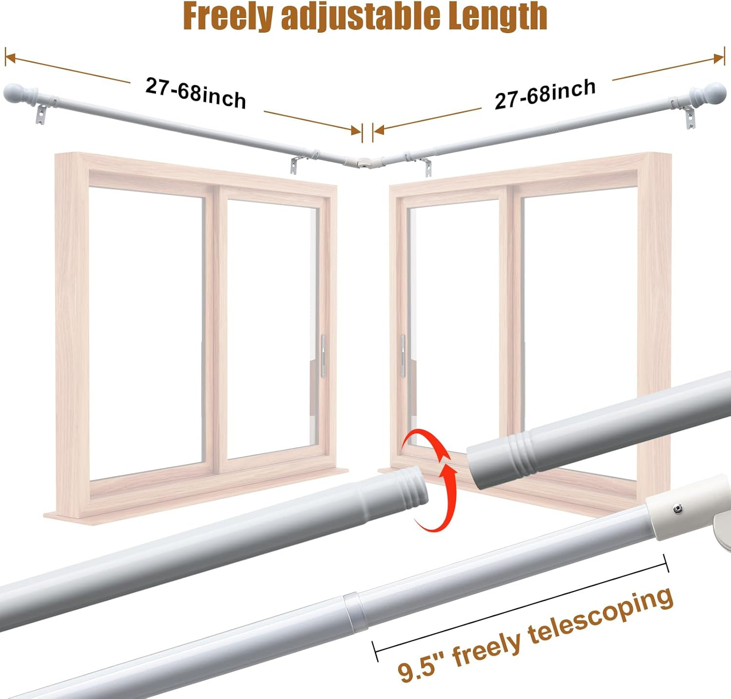 Corner Window Curtain Rod, 1″ Heavy Duty L-Shaped Curtain Rods, 36-136″ Adjustab