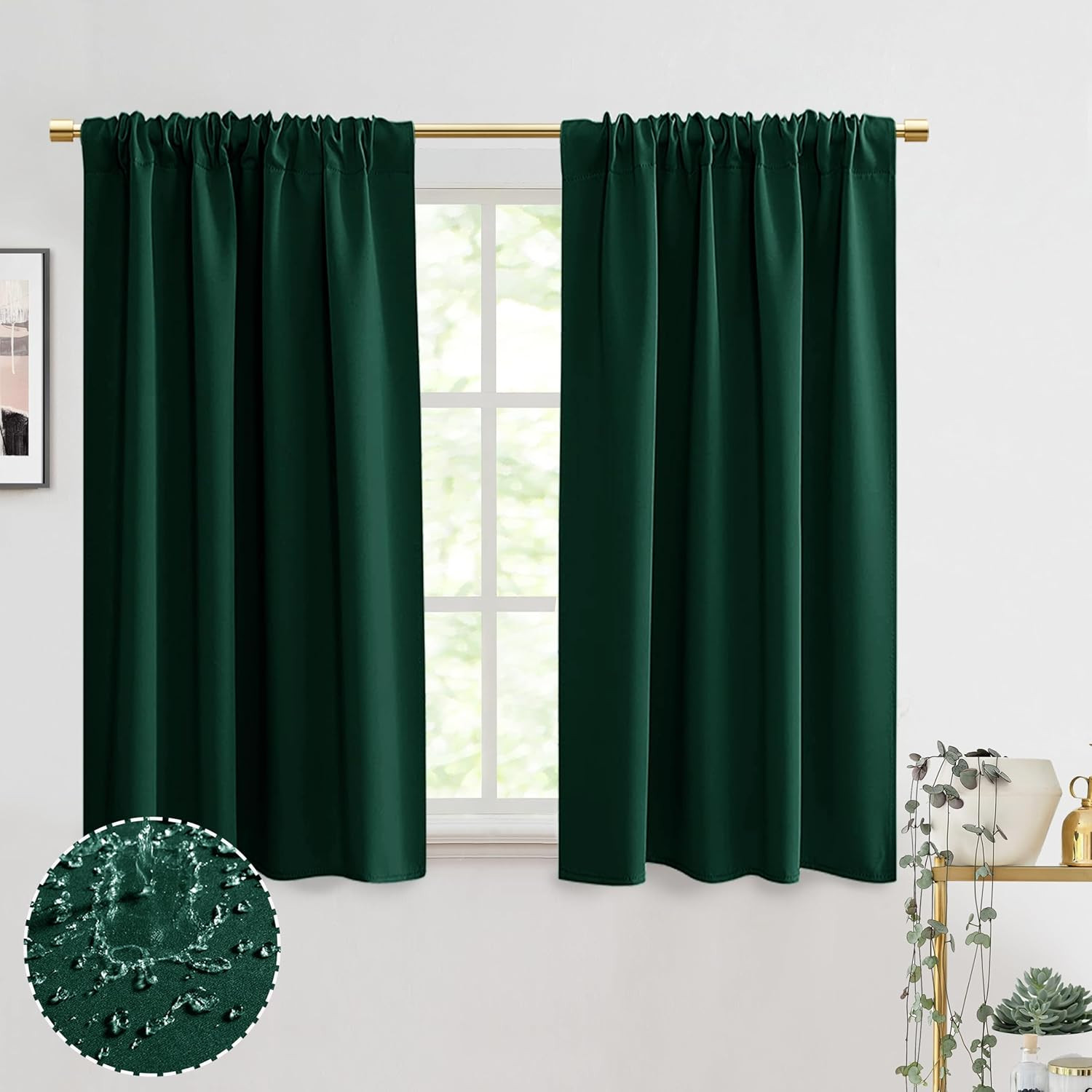 Dark Forest Green Blackout Window Curtains Drapes 48 Inch Length for Bathroom Wi