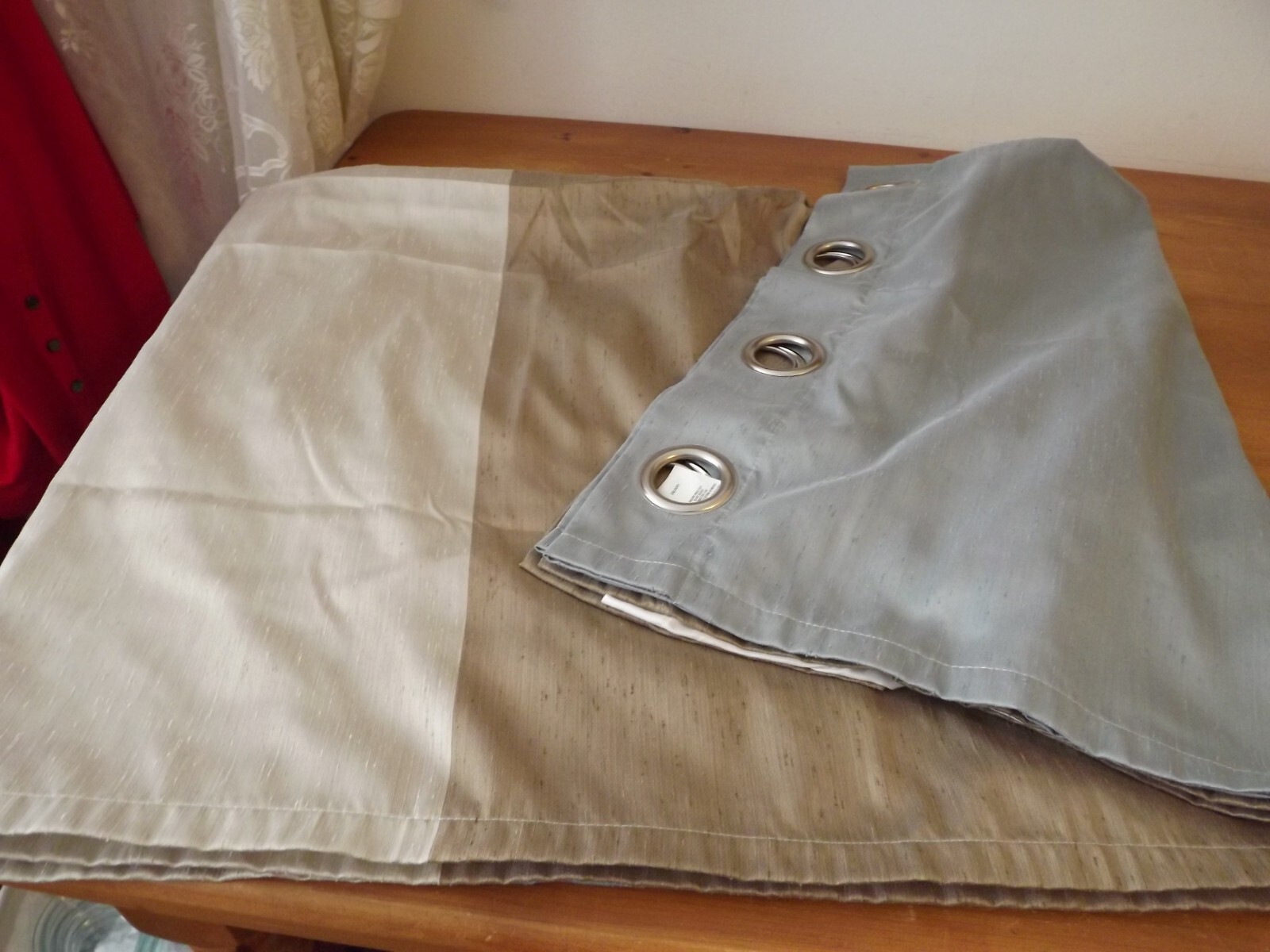 LINED grommet PANEL by STUDIO MINERAL BLUE TAN &LT BROWN faux silk 49″wX77″L