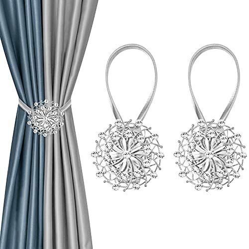 2 PCS Magnetic Curtain Tieback,Curtain Holdbacks Magnetic Crystal Flower(Silver)