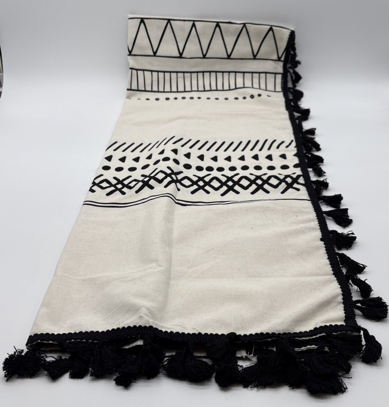 Cotton Linen Boho Curtains with Tassels Black and Ivory Striped for Windows New
