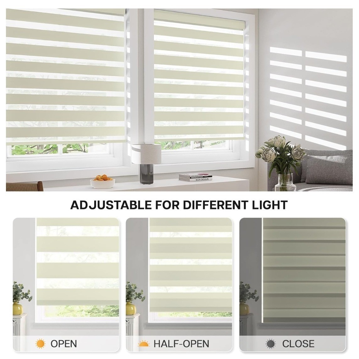 Cordless Zebra Blinds LazBlinds No-Drill Cream 47W x 72H Light Filtering Shade