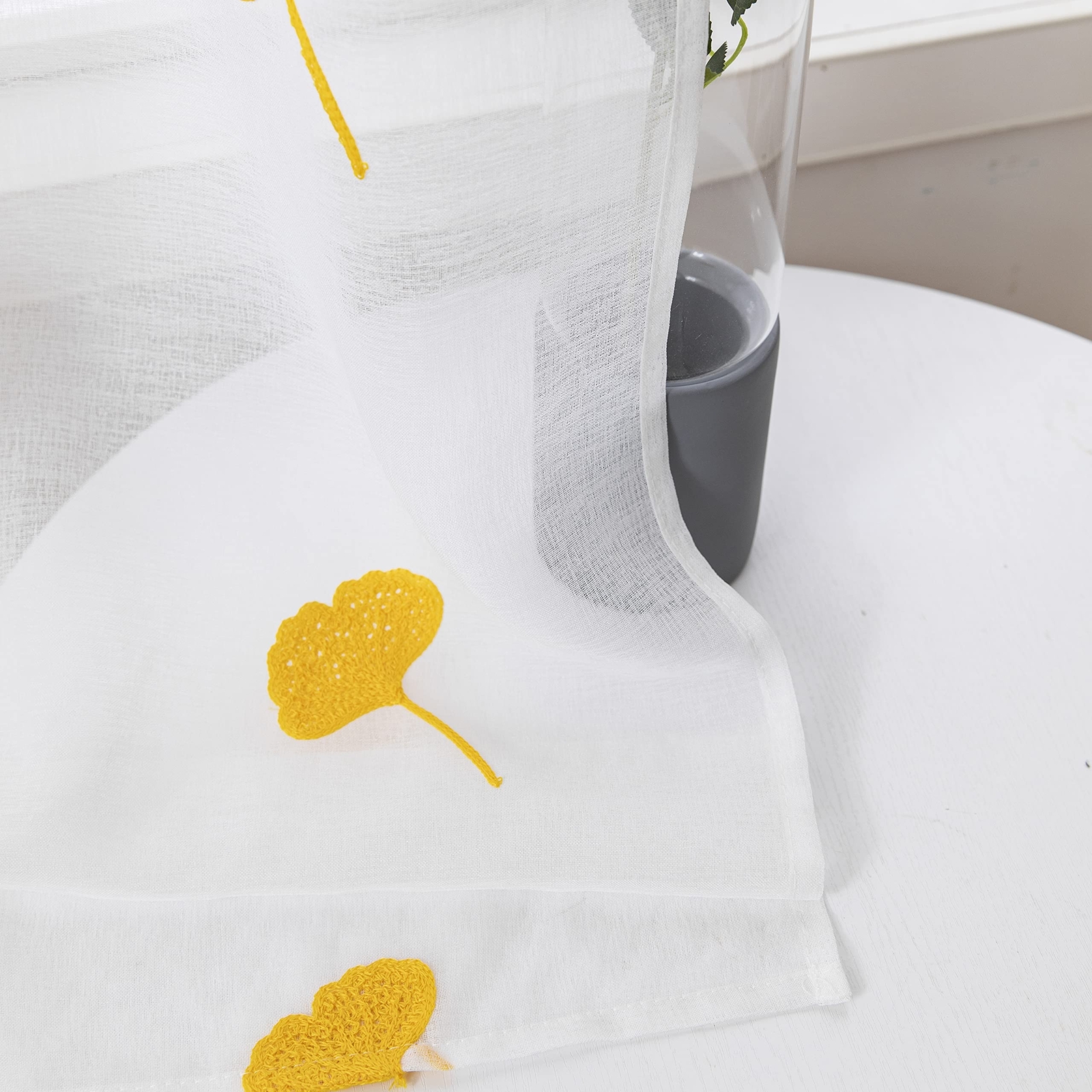 Yellow Sheer Curtains 84 Inches Long Embroidered Leaf Patterned Linen Look Fl…
