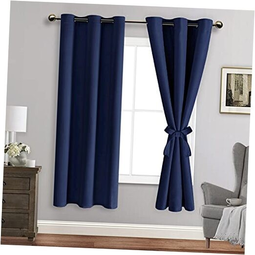 Blackout Curtains with Tiebacks – Thermal 42″W x 63″L (Pack of 2) Navy Blue