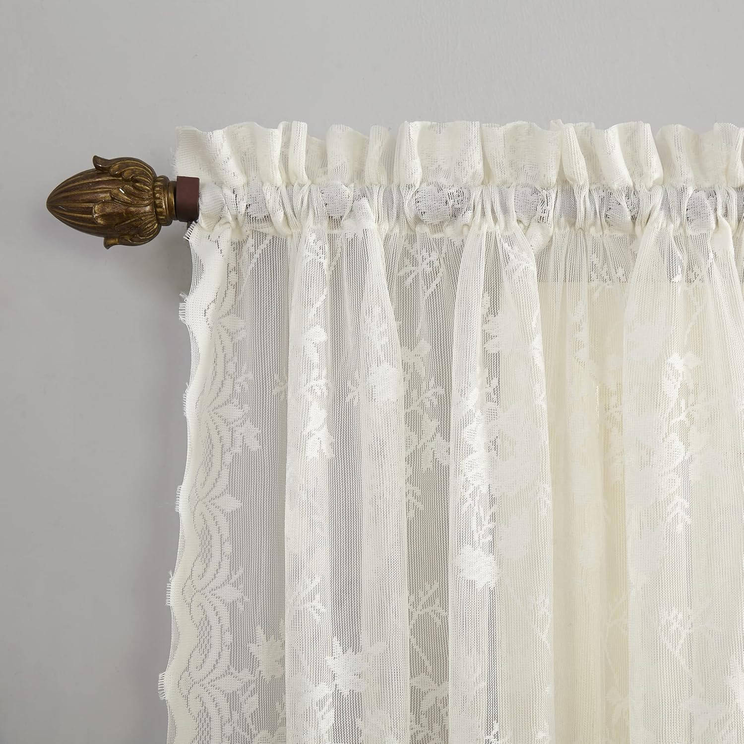 Alison Floral Lace Sheer Rod Pocket Kitchen Curtain Tier Pair, 58″ x 36″, Ivory