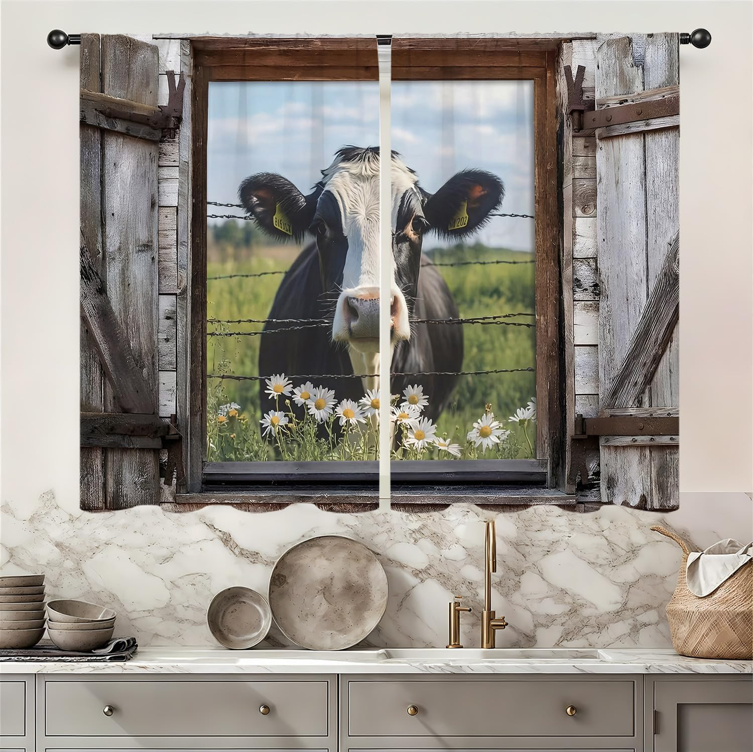 Farmhouse Country Cow Kitchen Curtains 27.5W X 39L Inch 2 Panel Vintage Cattle R