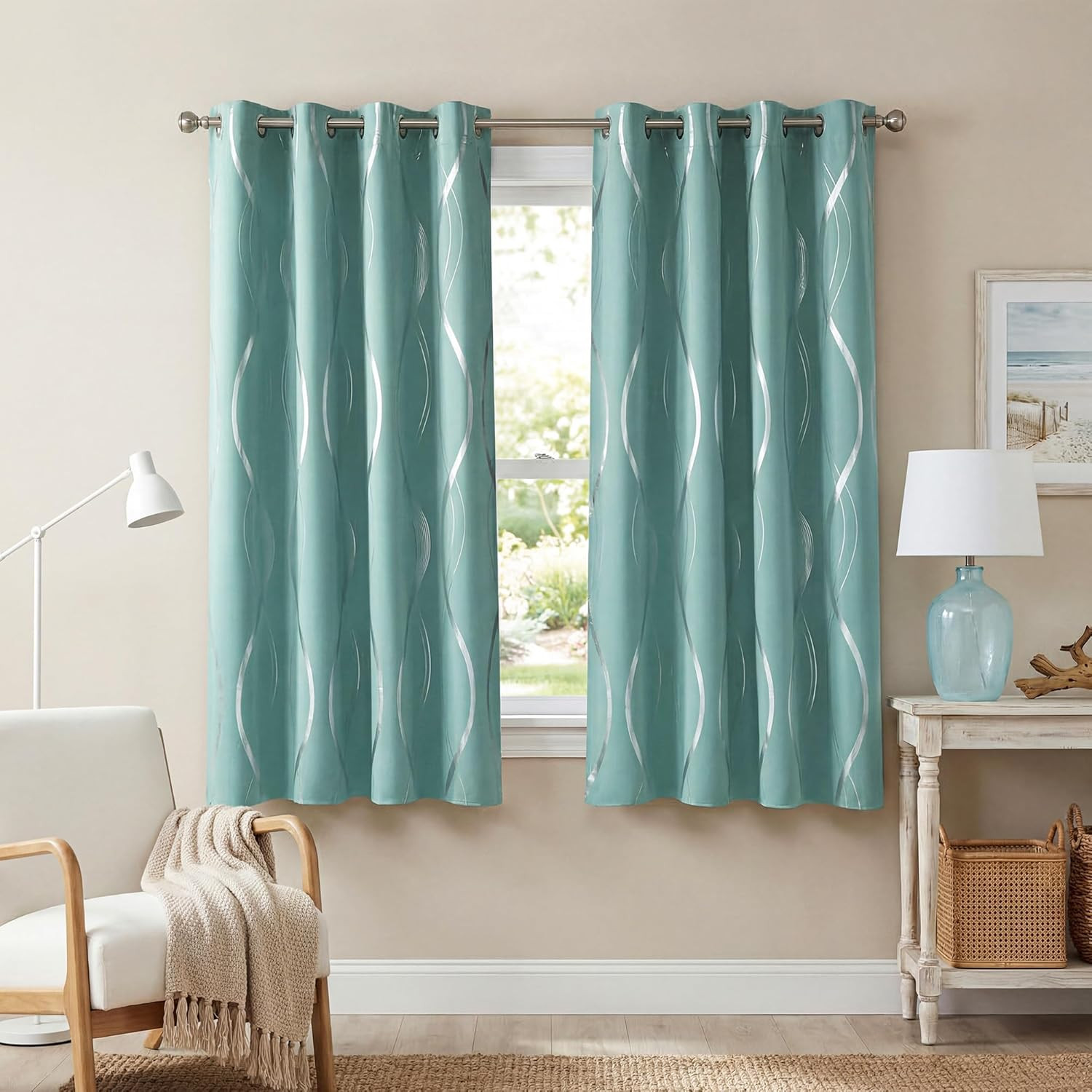 NICETOWN Aqua Blue Stripe Curtain Panels 63 inch Long for Dining Room and Patio,