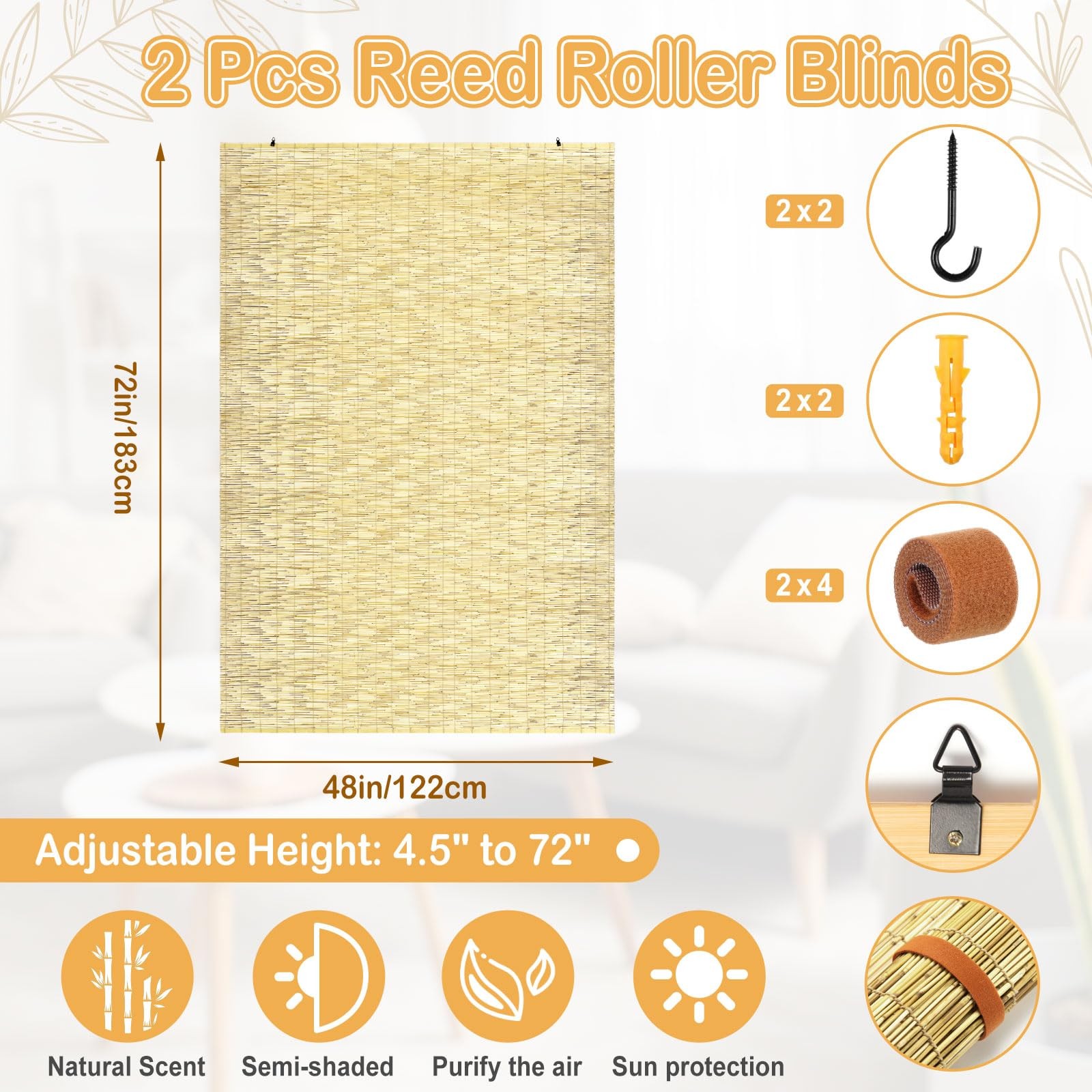 2 Pcs Bamboo Shades Outdoor Reed Roll up Blinds 48″ W x 72″ H Blackout Sunsha…