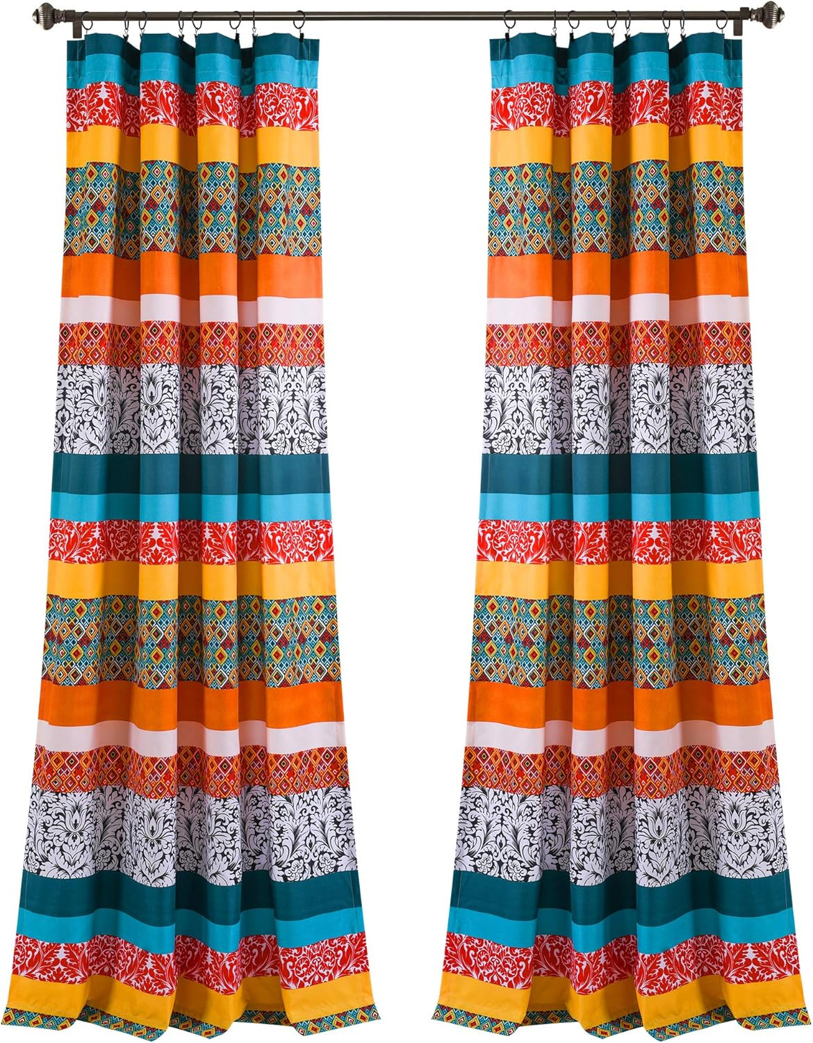 Boho Stripe Window Curtain Bohemian Geomatric Floral Design Panel Pair, 52″ W X