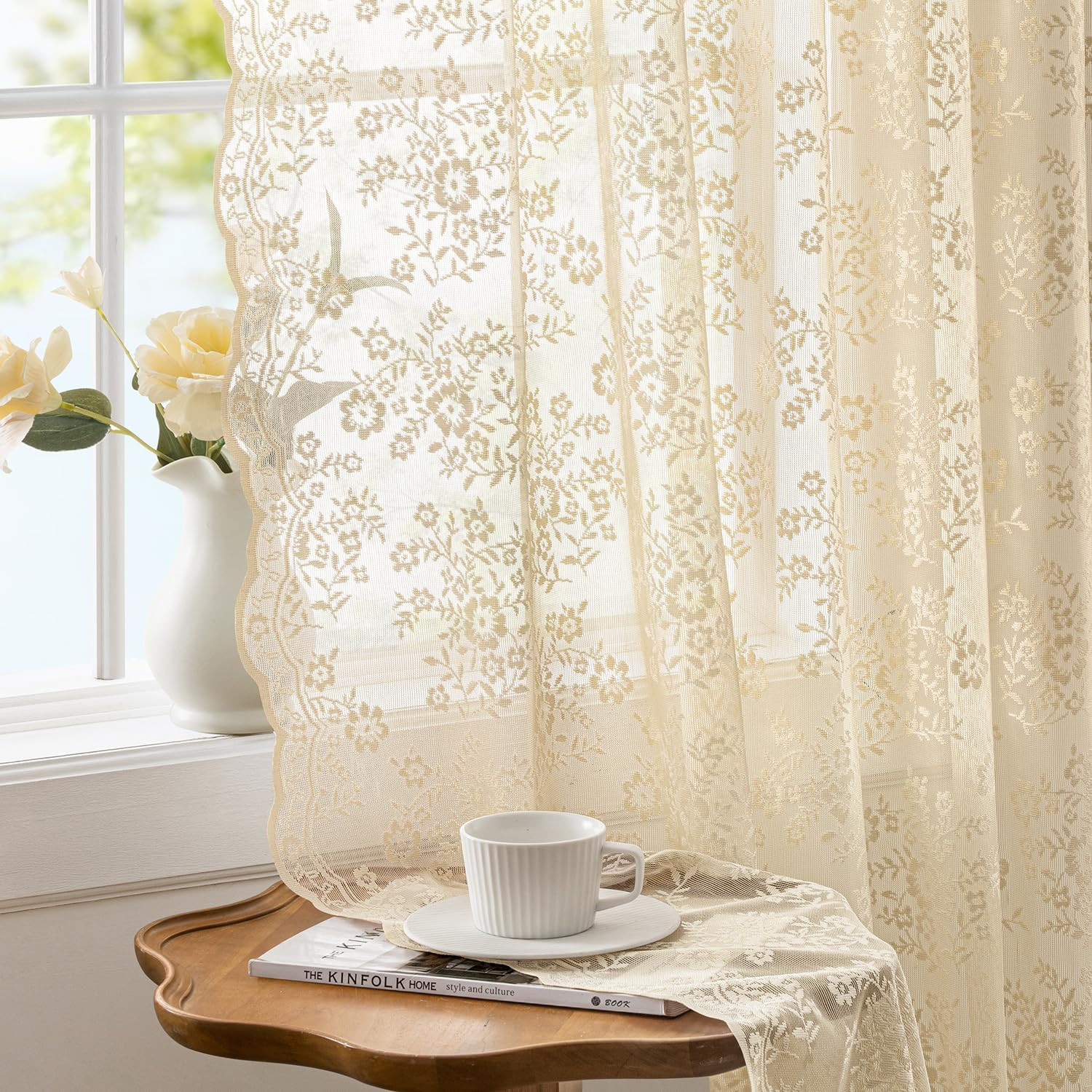 Vintage Lace Curtains 54 Inches Long with Floral and Branch Pattern, Elegant Rom
