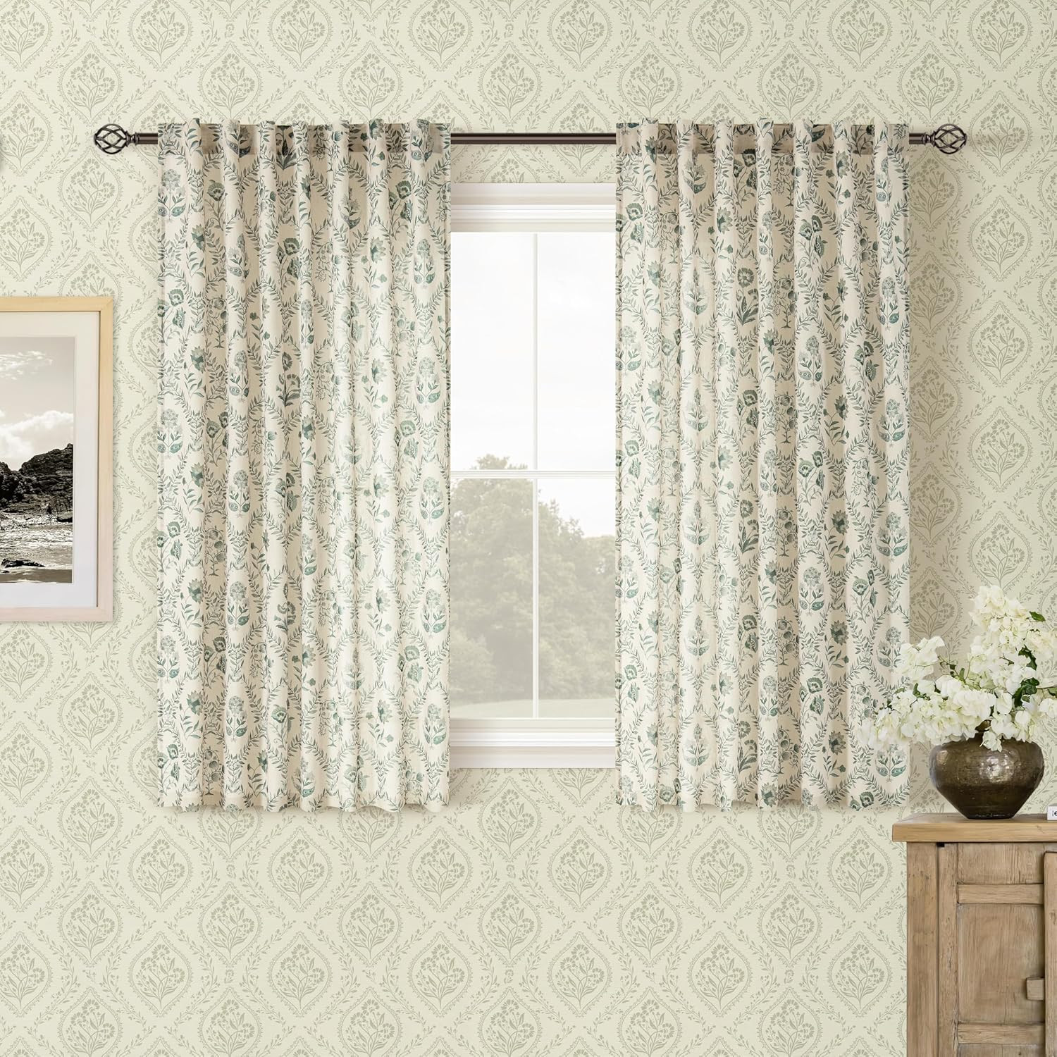 Sage Green Floral Short Curtains 45 Inch Length for Kitchen Dining Room Back Tab