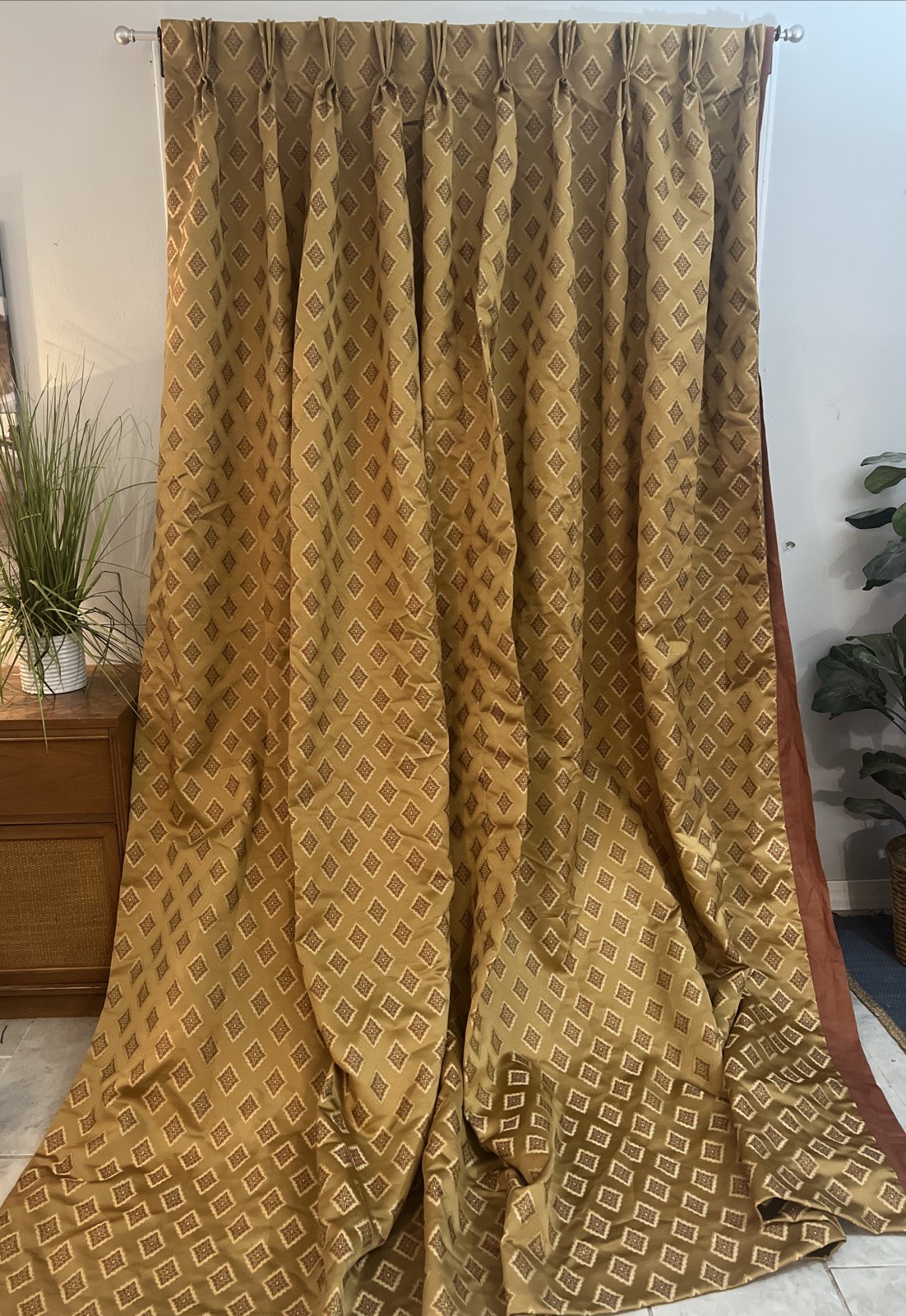 CUSTOM 115″ HEAVY Brocade LUXURY Lined Drape Panels Bronze Gold Jacquard Damask