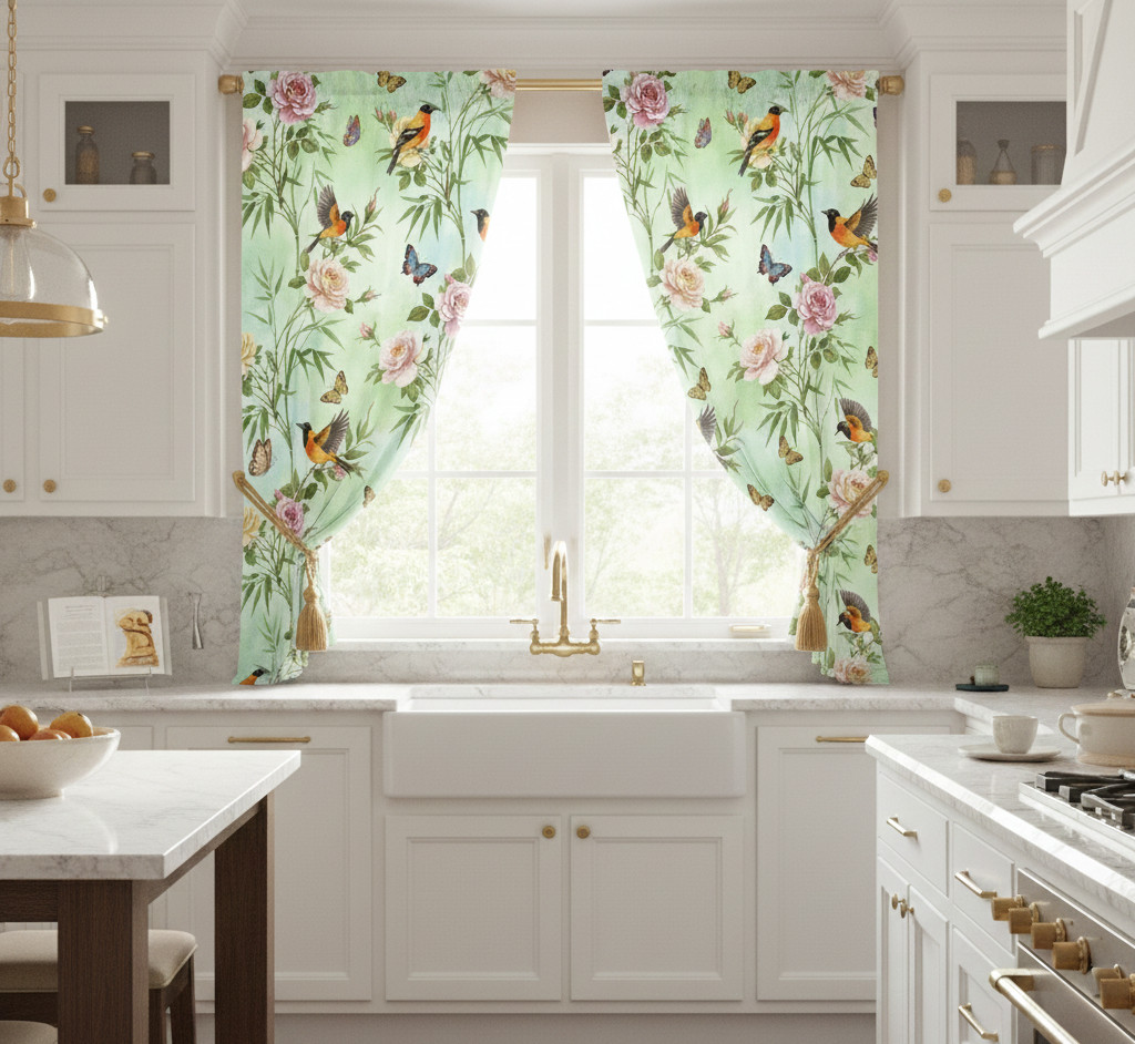 Nature Birds Curtains, Dense Floral , Living Room 70% Light Blocking