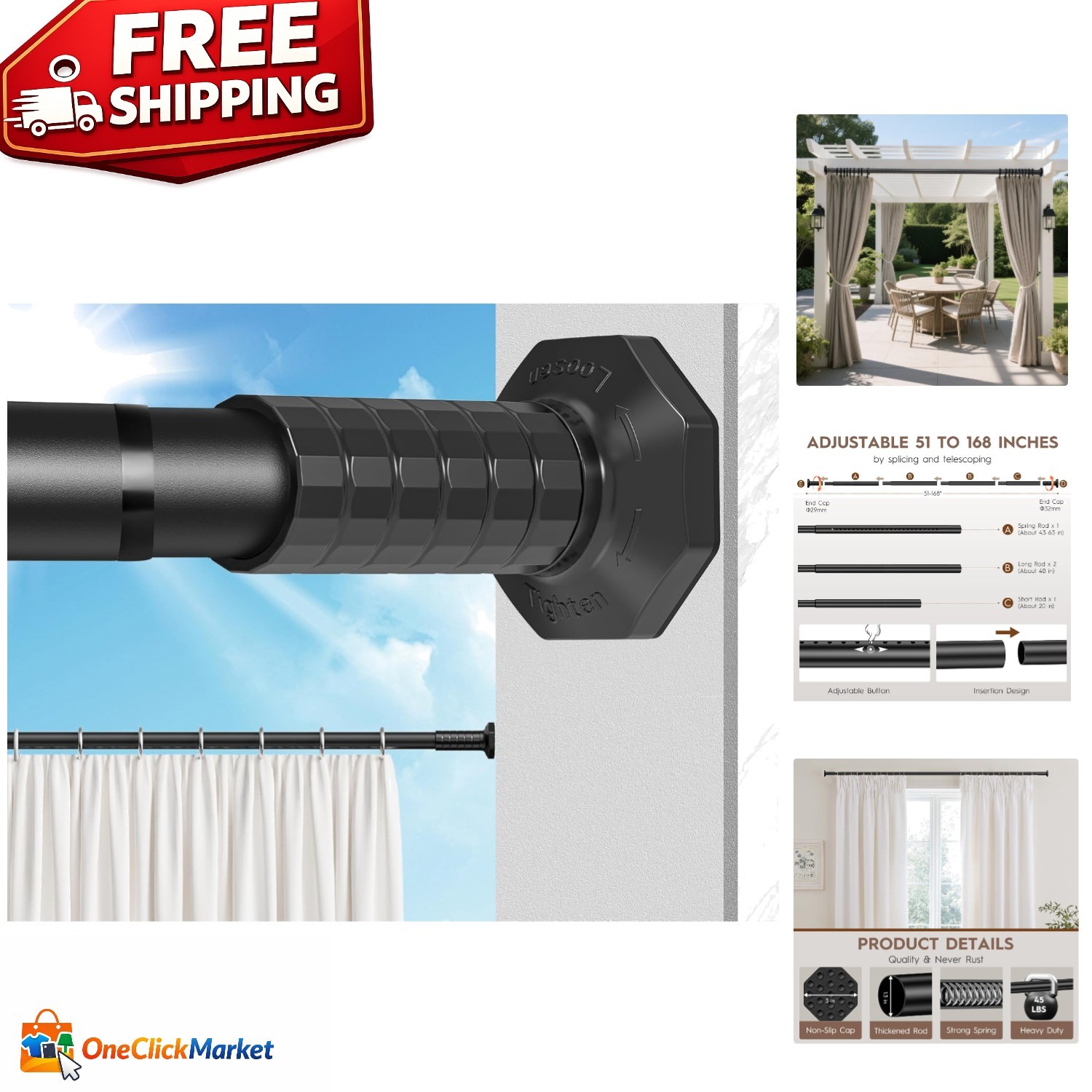 Extra Long Outdoor Tension Rod 51-168In – Rust-Free, Heavy Duty Support, Black