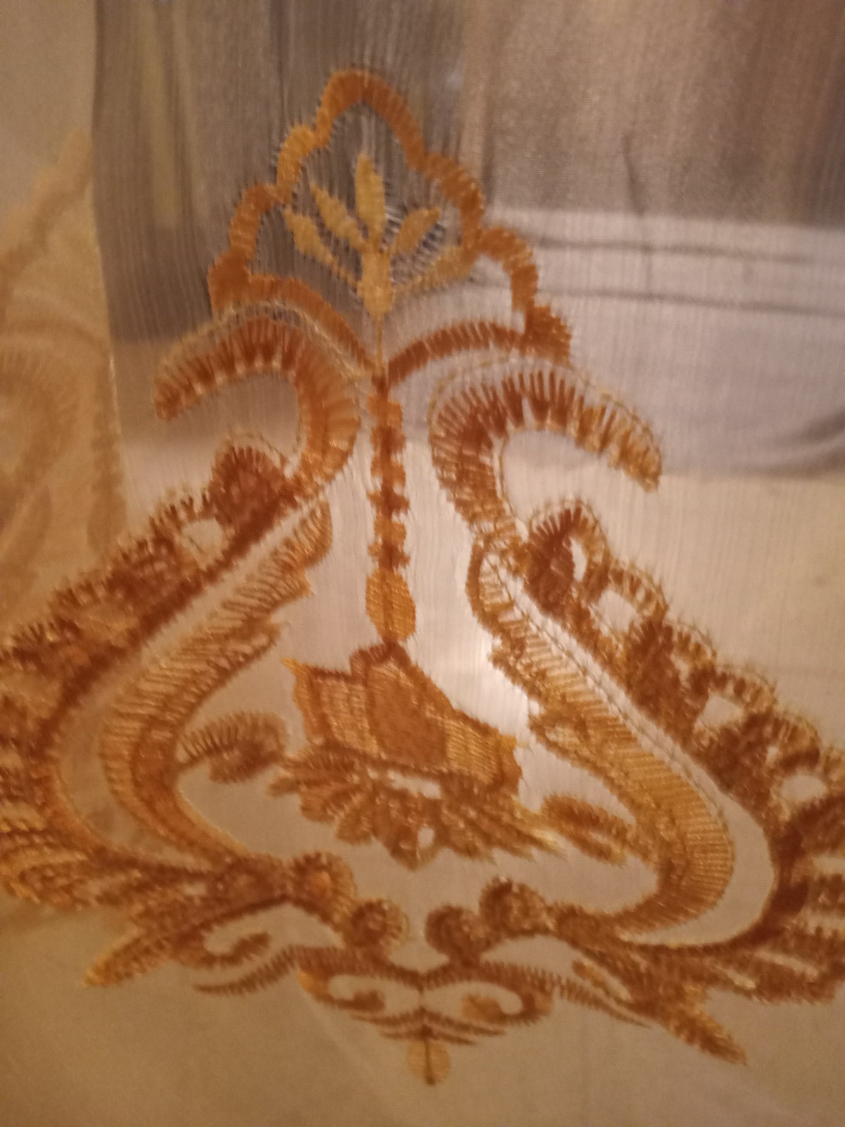 Italian style embroidered sheer elegant with golden Shimmer panels royal homes.