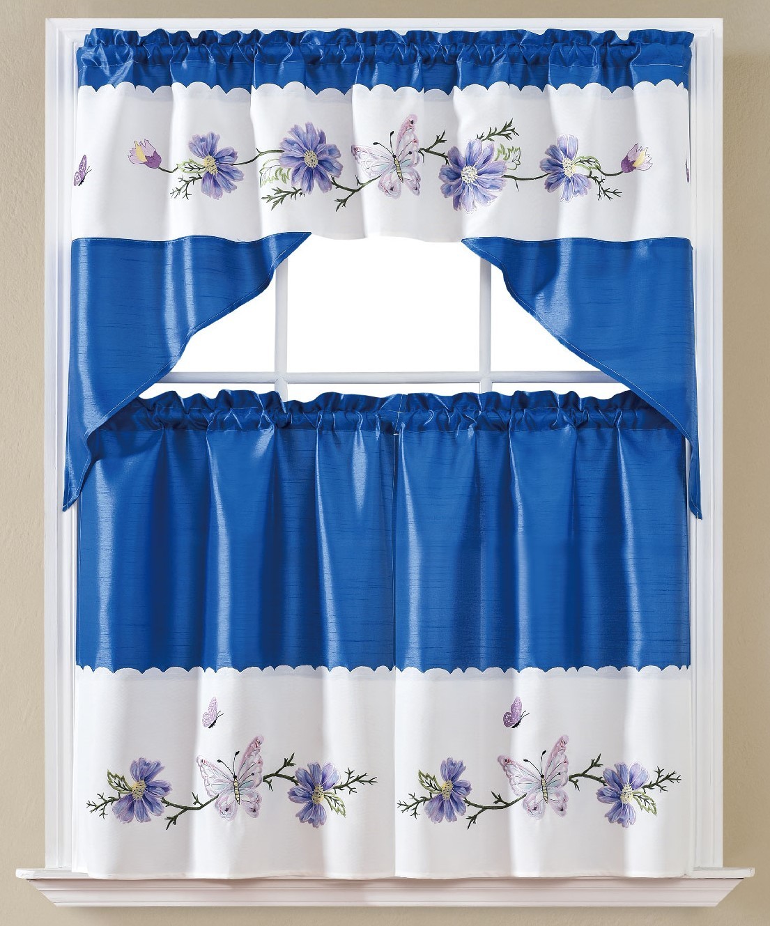 BUTTERFLY BLUE EMBELLISHED KITCHEN 36 LONG INCH TIER CURTAINS AND SWAG TOP SET
