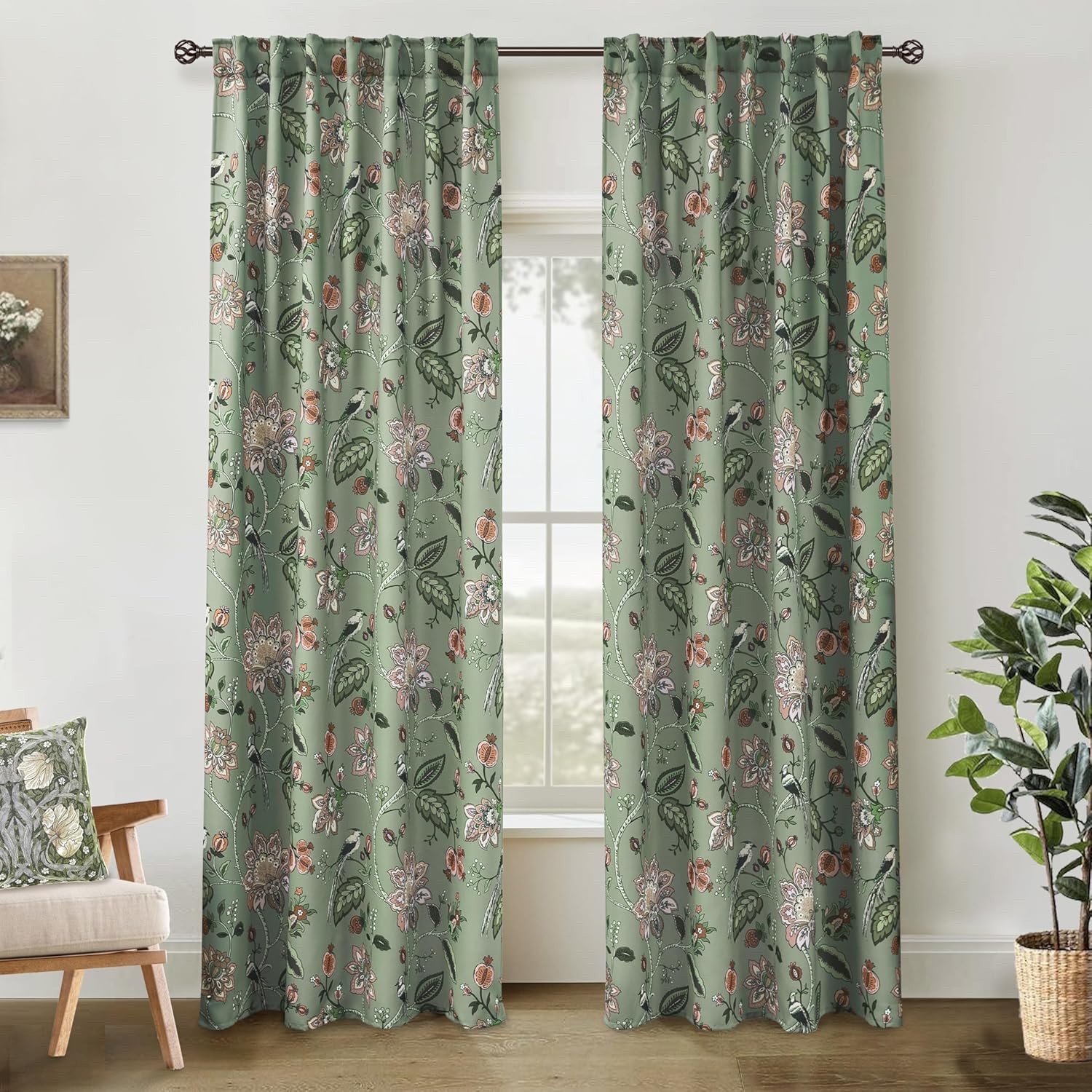 Sage Green Floral Printed Curtains,Vintage Cottage Core Light Pink Flower Leaf P