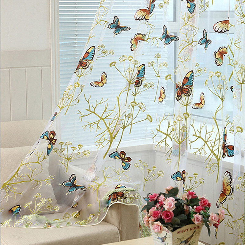 Window Sheer Home Curtain Elegant Butterfly Printed Voile Clear Tulle 1 Panel
