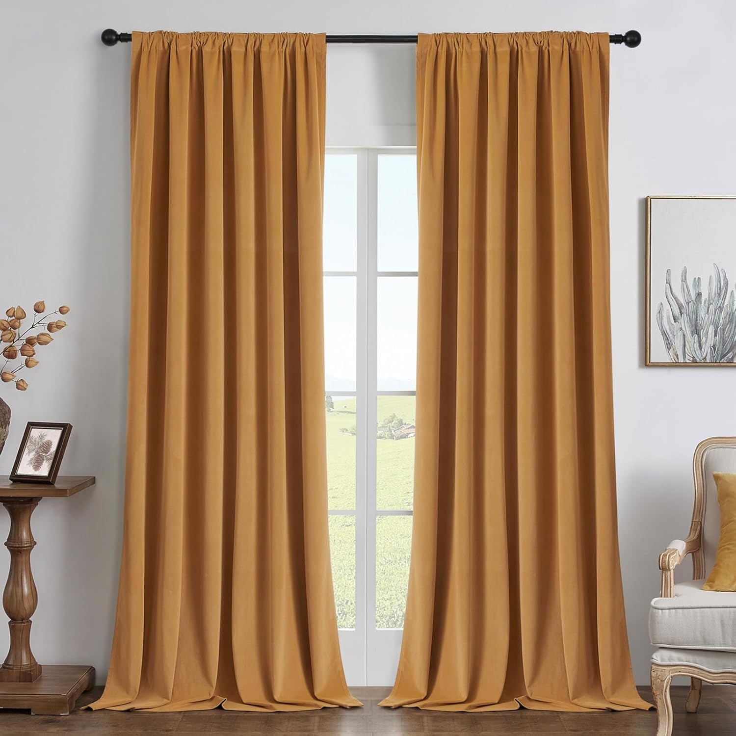 Mustard Yellow Velvet Blackout Curtains 96″ Long, 2 Panels, Thermal Insulated