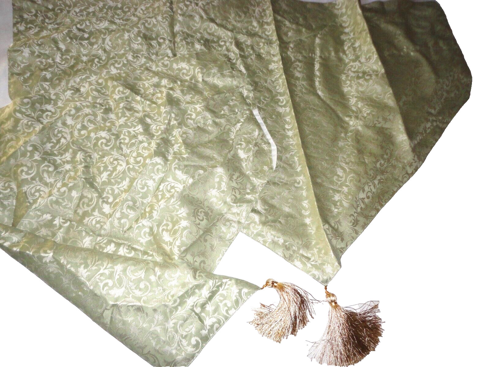 WATERFORD VENISE GREEN & IVORY JACQUARD BROCADE TASSEL (2) ASCOT VALANCE 40 X 25