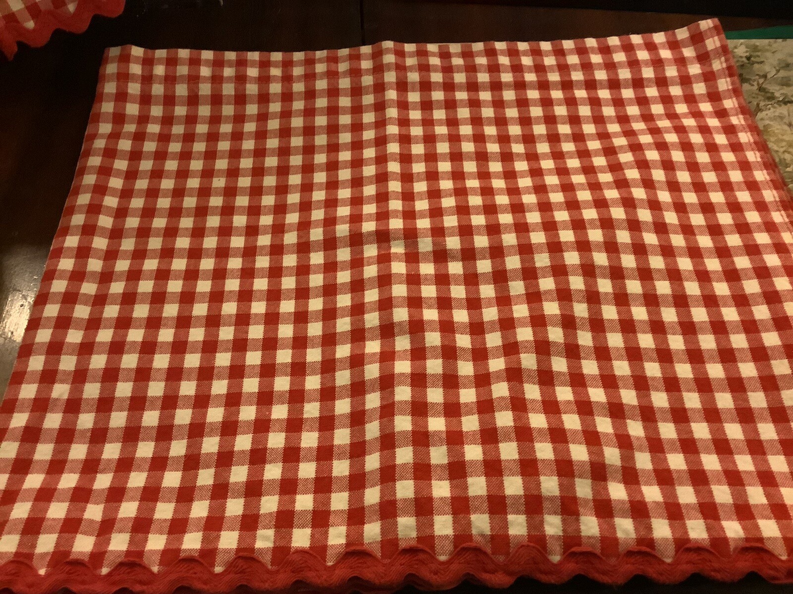 (2)~Red & White Gingham Checked~Valances~FREE SHIPPING~w/Trim~58”W X 12.5”H”~