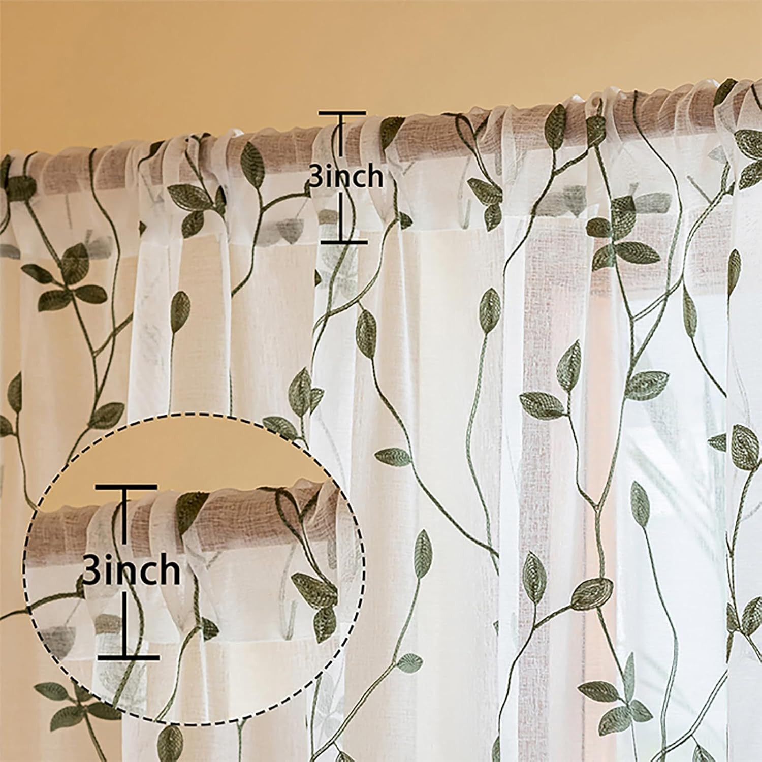 2 Panels Embroidered Leaf Pattern Semi Sheer Curtains Foliage Floral Voile Windo