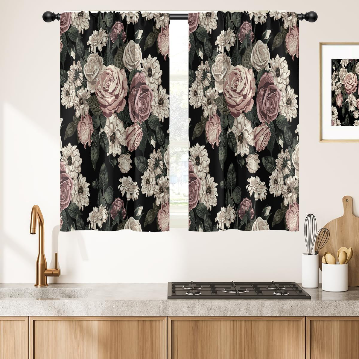 Black Floral Kitchen Window Curtains Rod Pocket Small Short Cafe Vintage Gothic