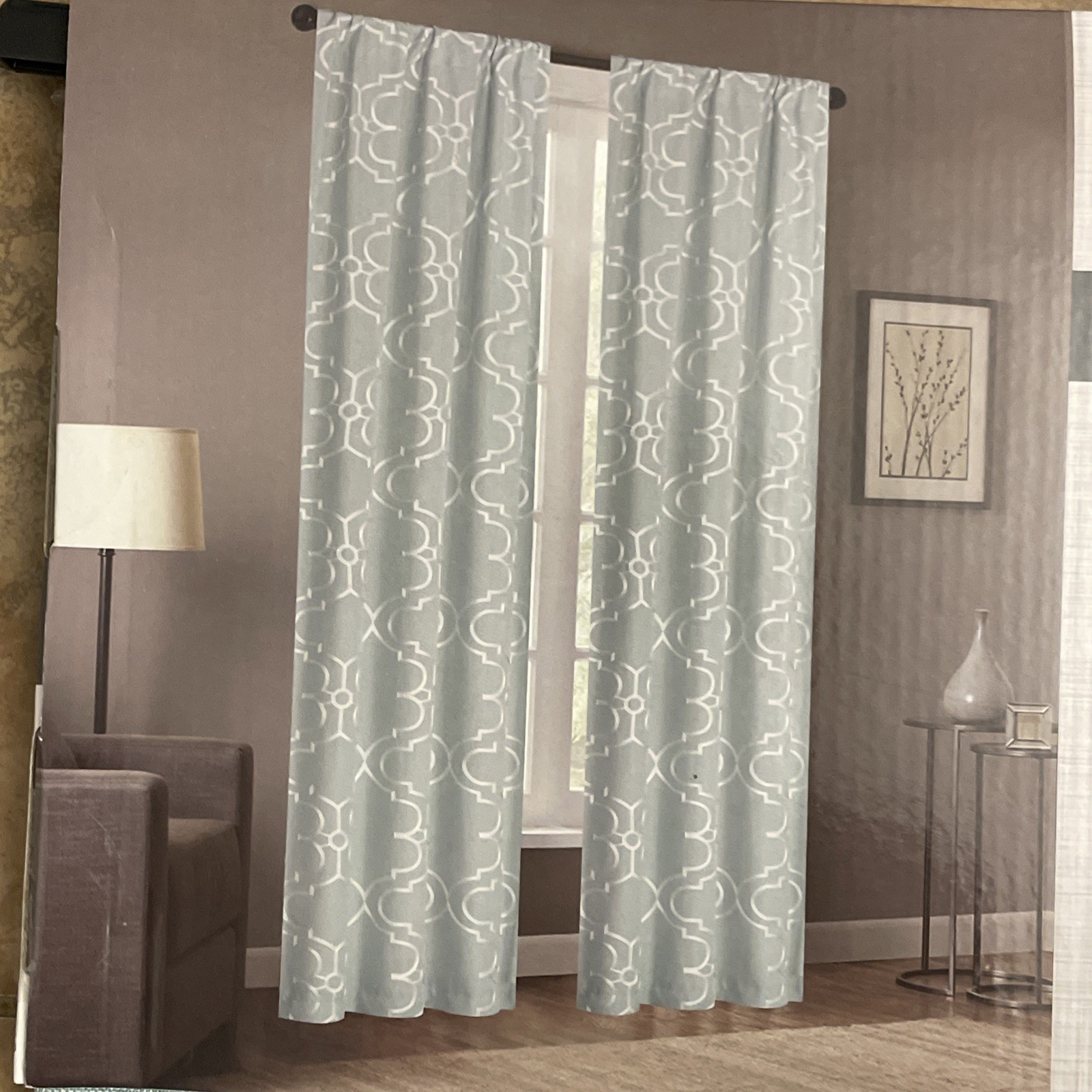Set of 2 Rod Pocket Curtains 38×84 Lt Green Aqua NWT Embroidered Lightweight New
