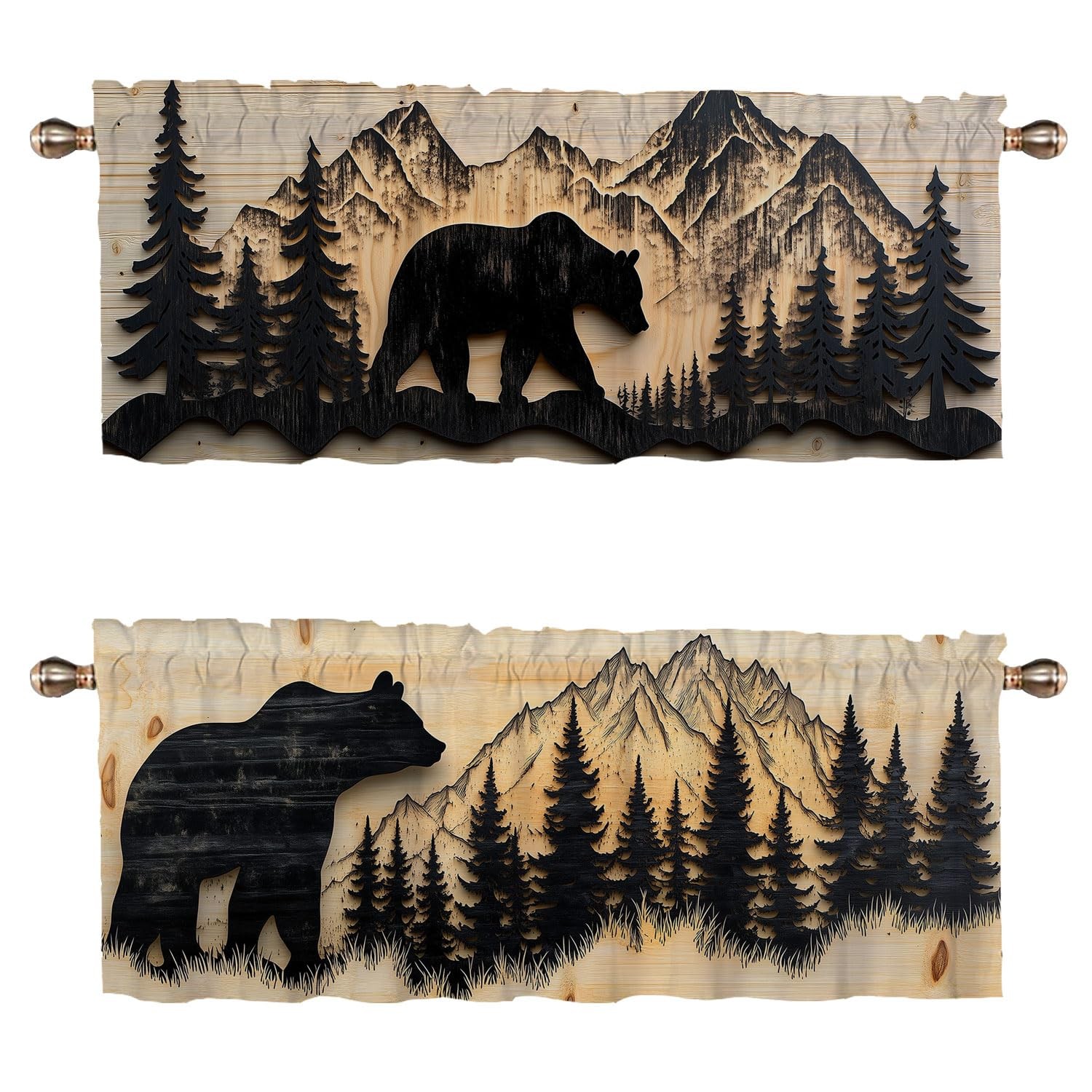Rustic Lodge Cabin Bear Farmhouse Valance Curtain For Kitchen Windows 2PK 54×18″