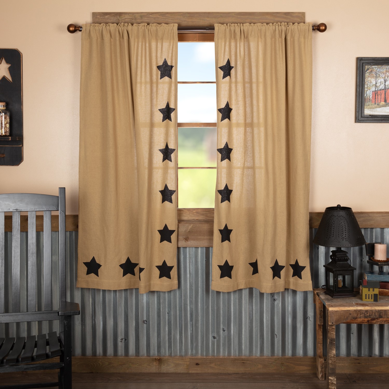VHC Brands Primitive 63″x36″ Stars Panel Pair Tan Rod Pocket Tie Window Curtains
