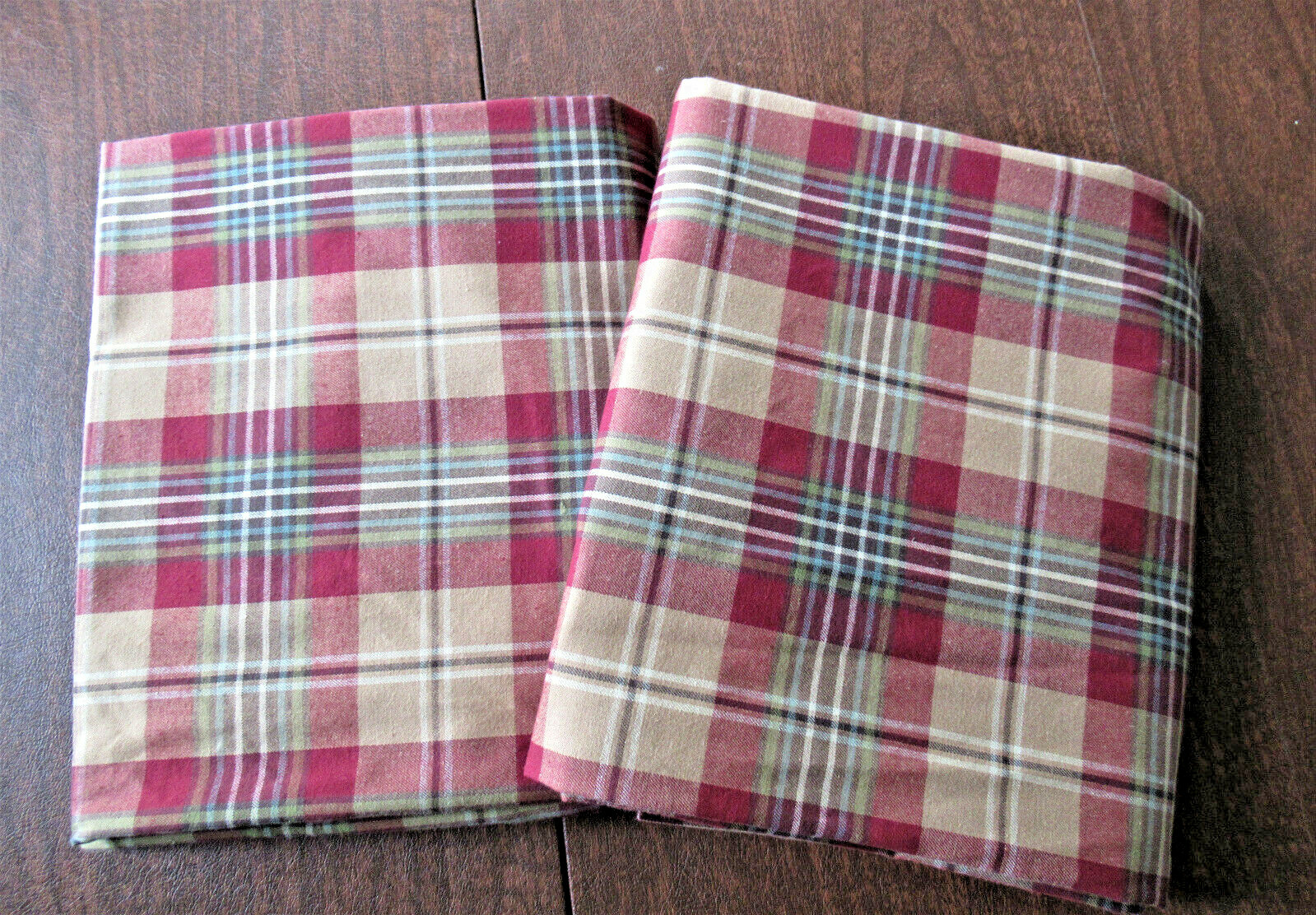 2 CUSTOM LINED PLAID DRAPERY PANELS Red Tan Green Blue 50W X 66L Excellent