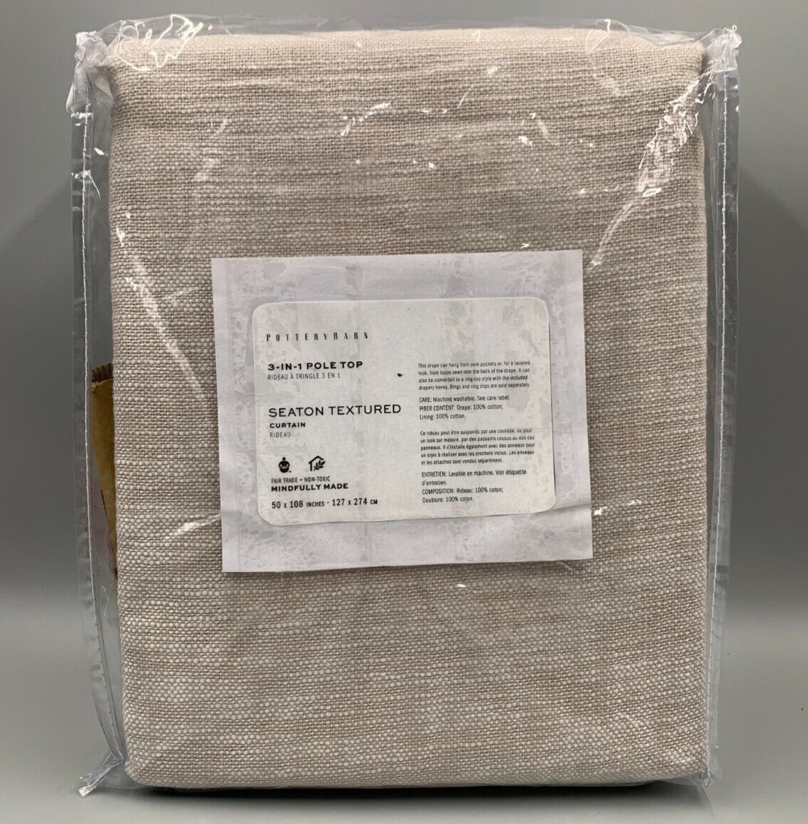 Pottery Barn Seaton Textured Cotton Lined Curtain Panel Oatmeal 50 x 108″ #Q125B