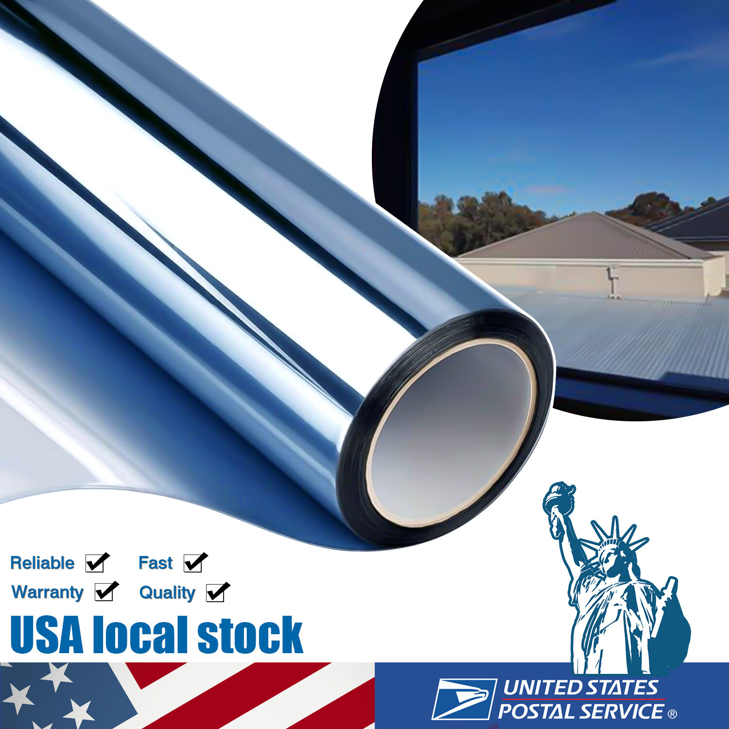 20″ x10FT Uncut Roll Window Mirror Blue Chrome Tint Film New Home Office Glass