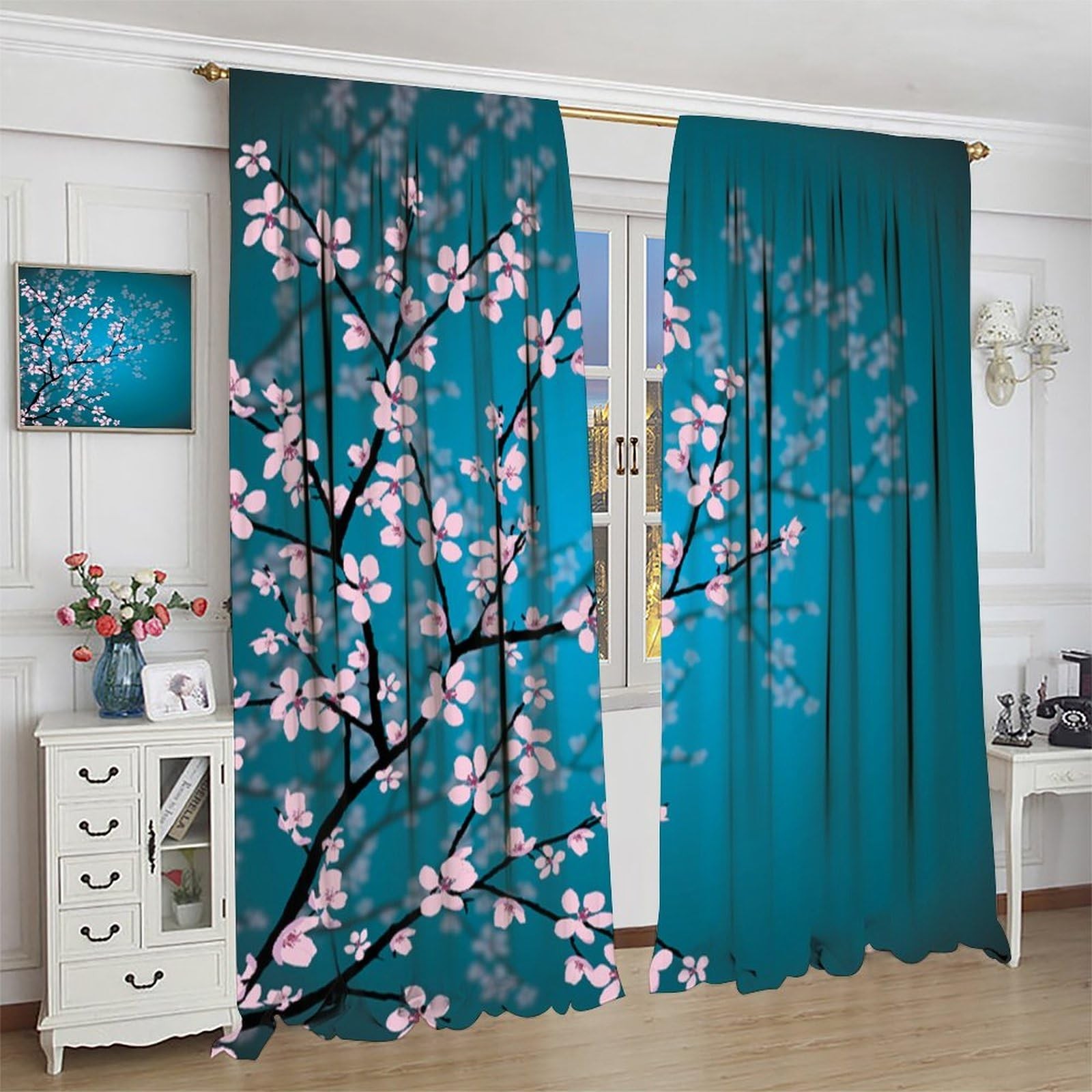Cherry Blossom Curtains Japanese Floral Plum Blossom Flower Teal Blue and Pin…