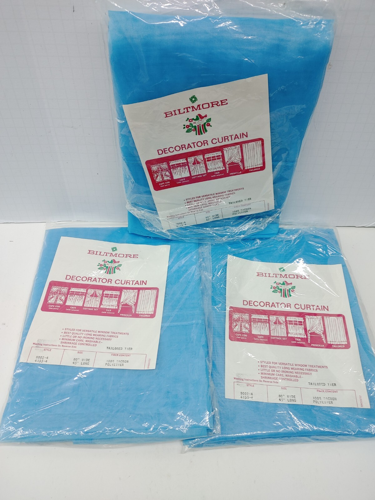 50’S 60’S Biltmore DECORATOR CURTAINS BLUE TAILORED TIER 80W X 45L ( 3PK BUNDLE)