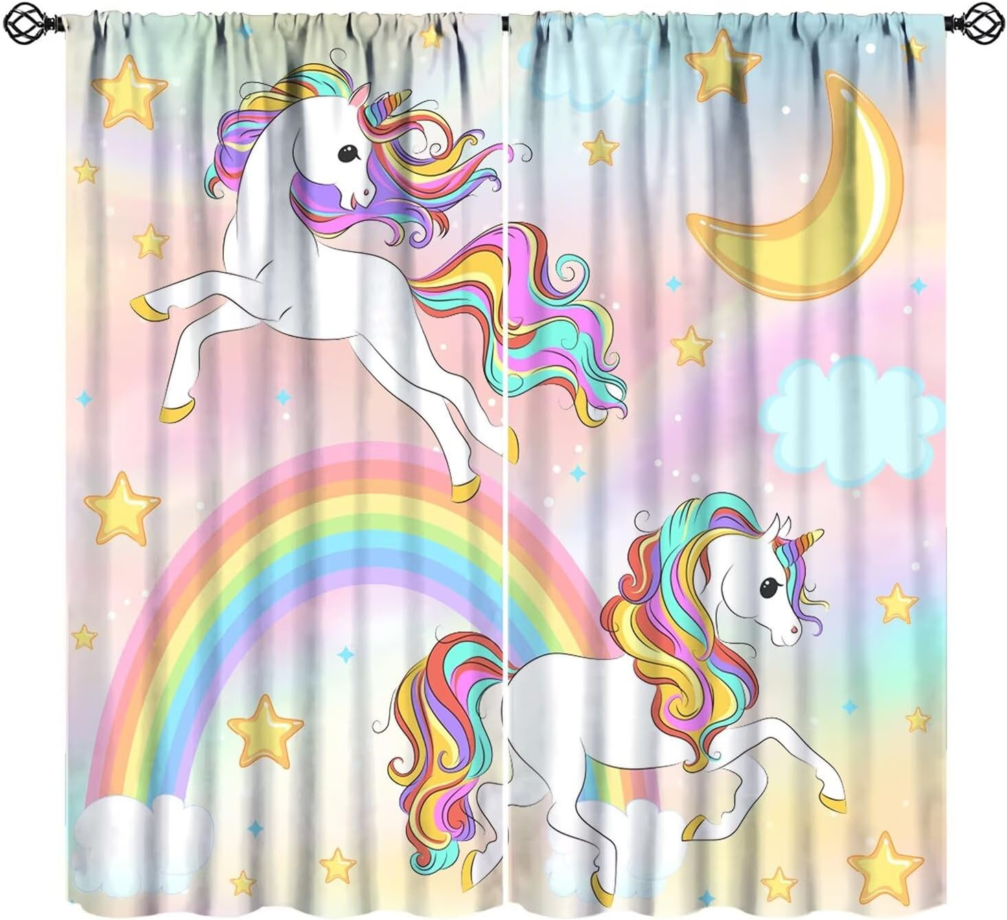 Rainbow Unicorn Window Curtains for Kids, Unicorn Cartoon Star Cloud Colorful Ba
